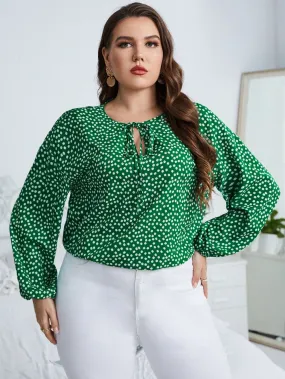 Ditsy Floral Long Sleeve Tie Neck Regular Plus Size Blouse