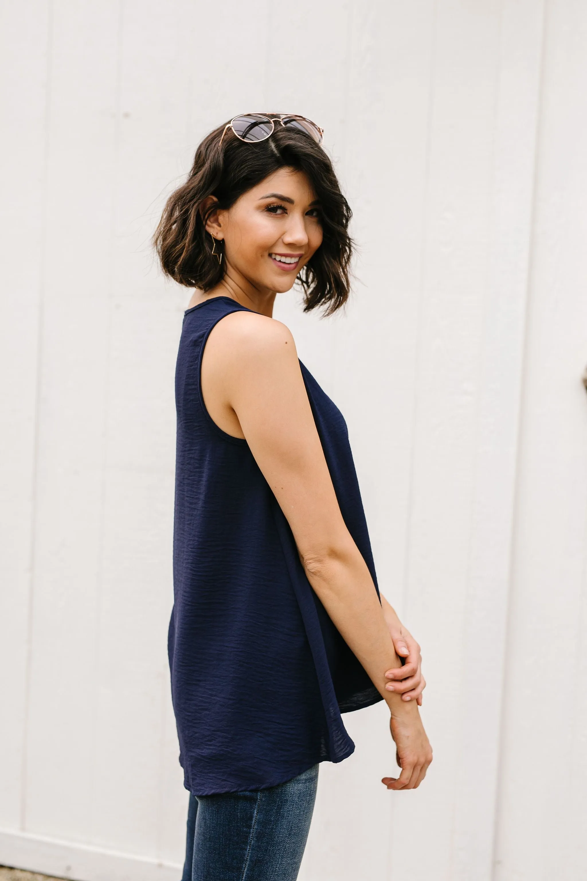 Easy Come Easy Go Sleeveless Blouse In Navy