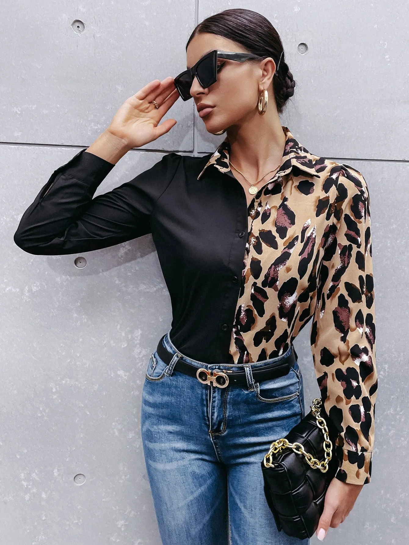 Elegant Graphic Button Front Long Sleeve Collar Regular Blouse