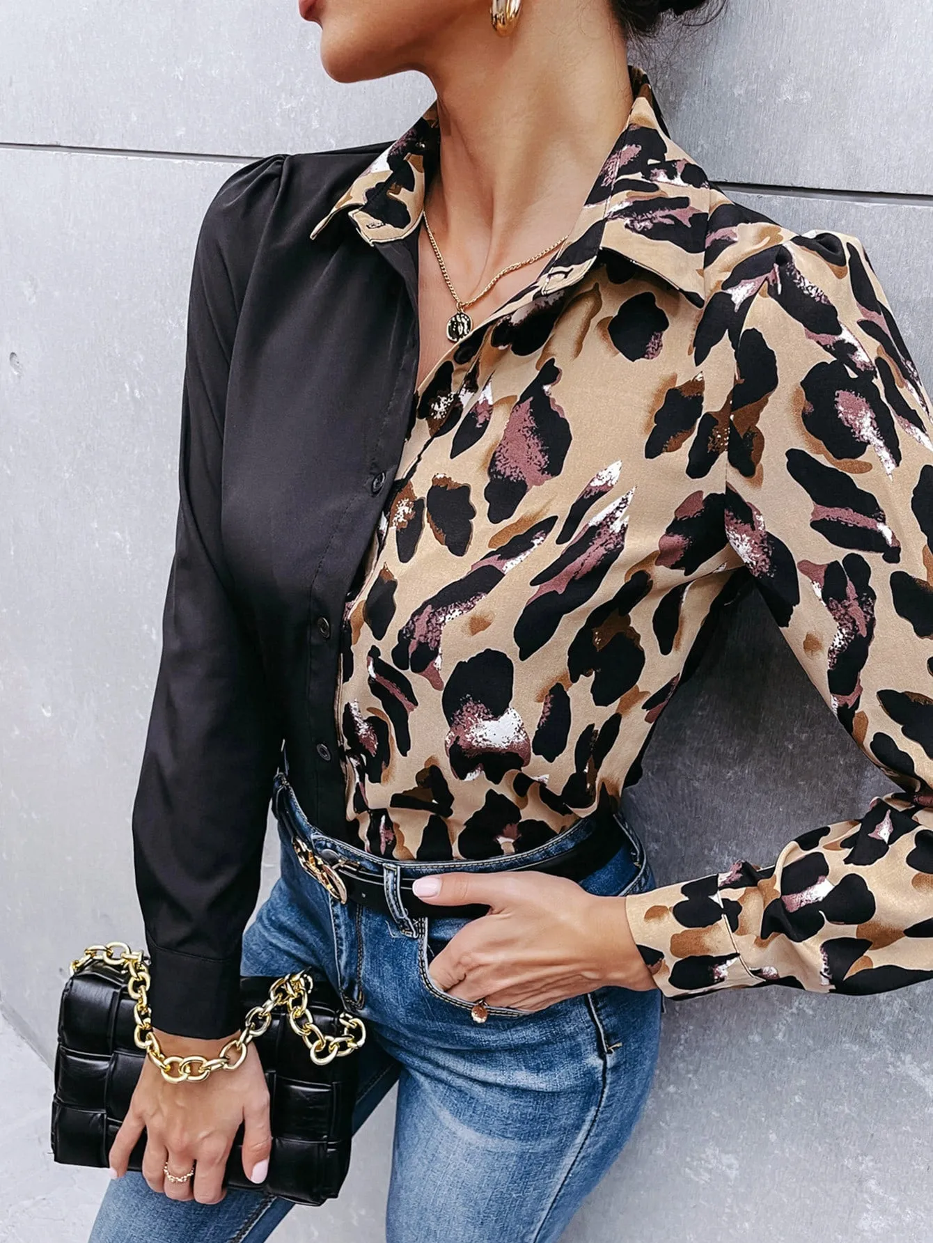 Elegant Graphic Button Front Long Sleeve Collar Regular Blouse