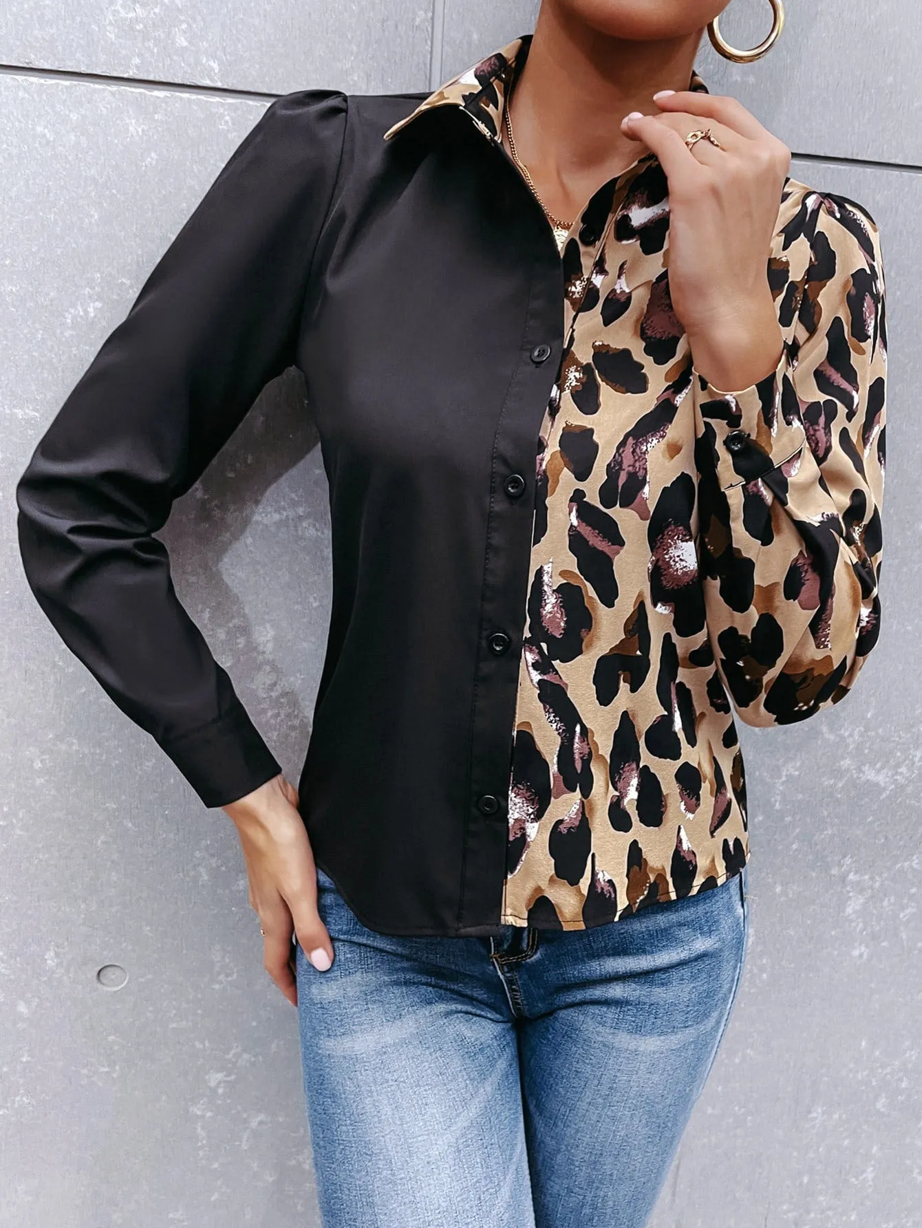 Elegant Graphic Button Front Long Sleeve Collar Regular Blouse