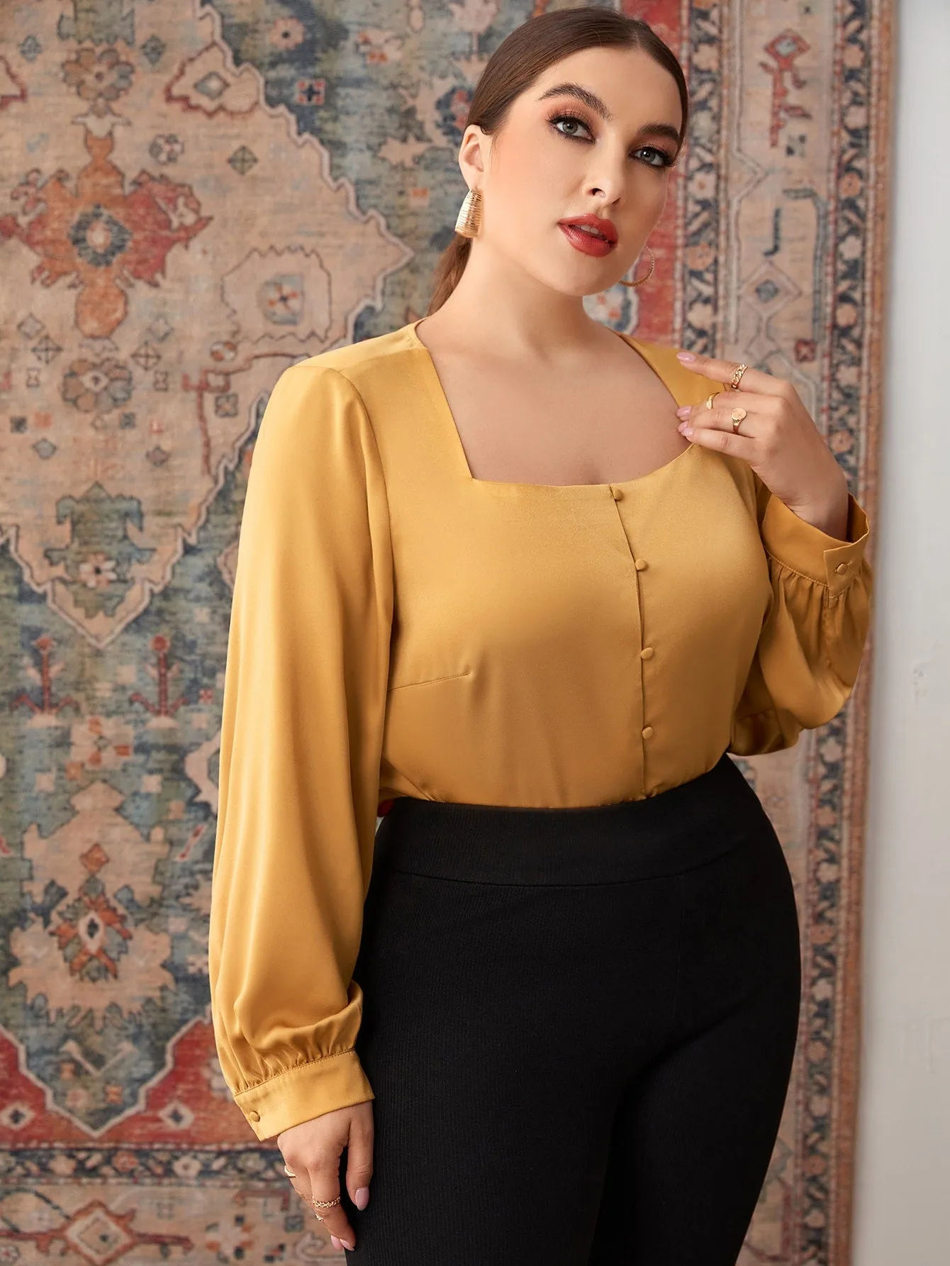 Elegant Plain Button Front Long Sleeve Square Neck Regular Plus Size Blouse