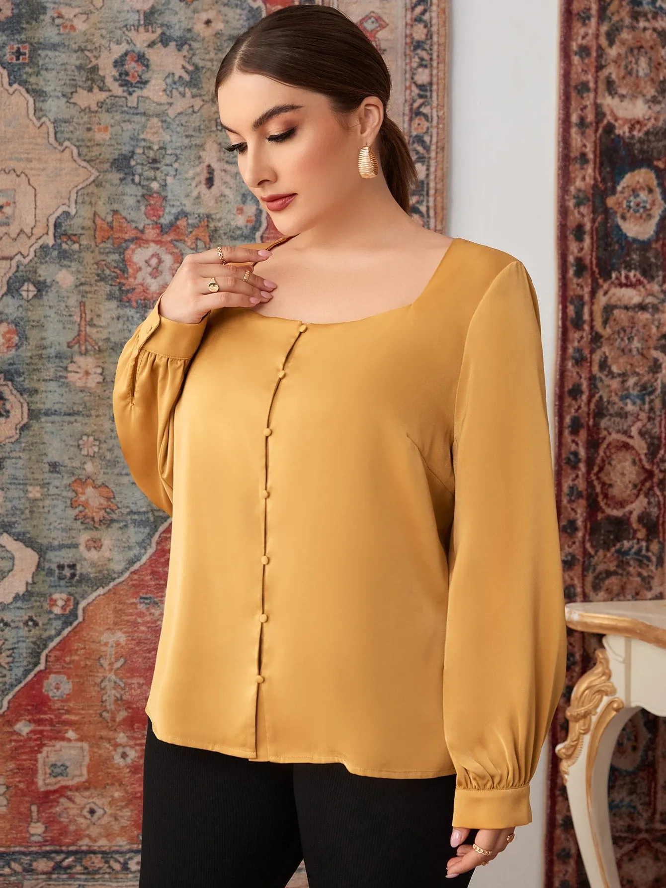 Elegant Plain Button Front Long Sleeve Square Neck Regular Plus Size Blouse