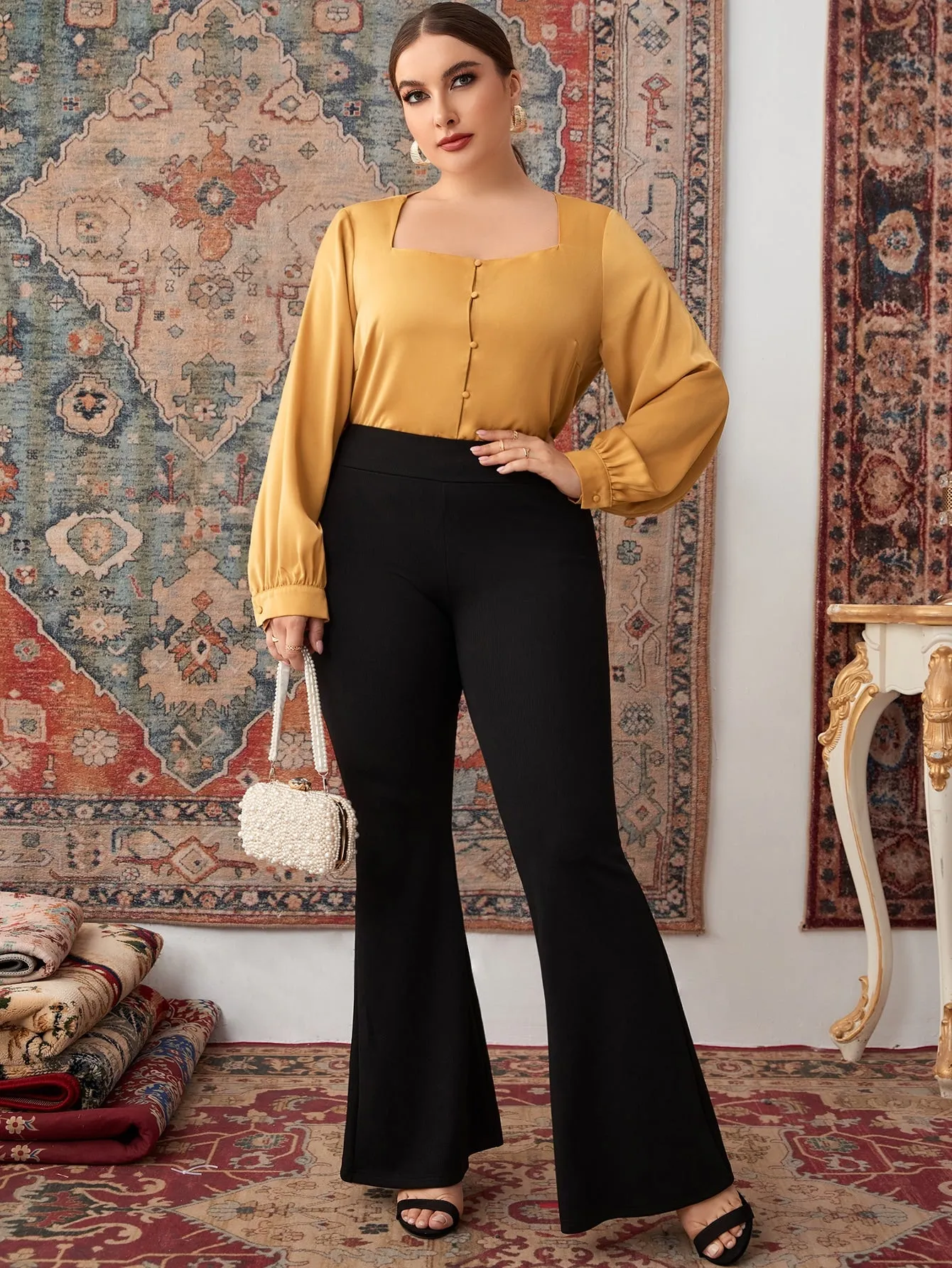 Elegant Plain Button Front Long Sleeve Square Neck Regular Plus Size Blouse