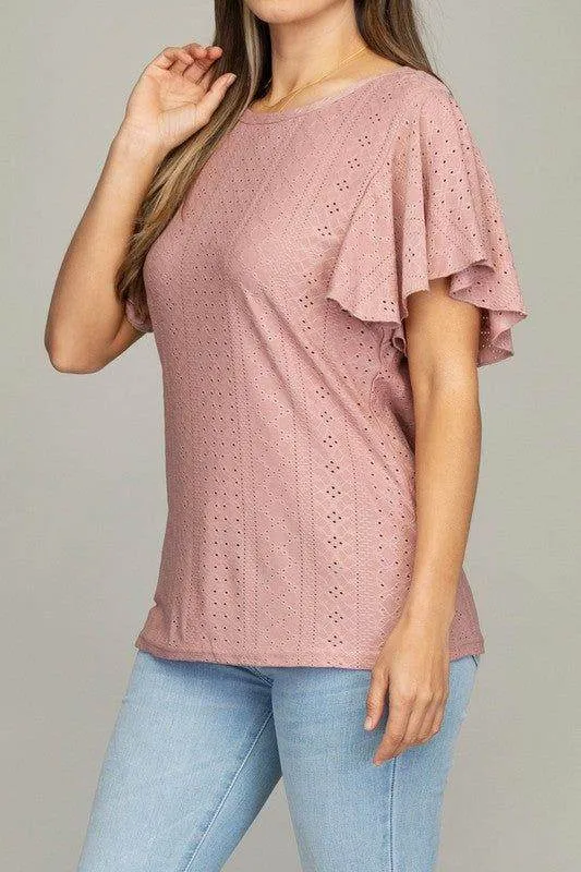 Embroidered eyelet top with wing sleeve