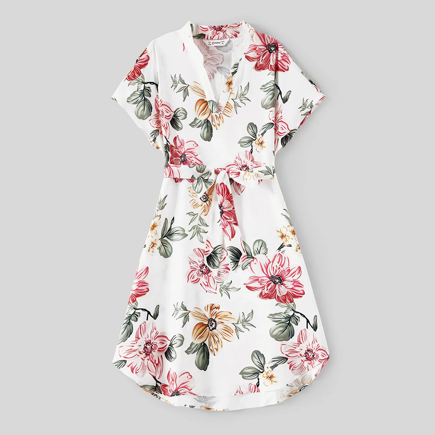 Family Matching Allover Floral Print Notched Neck Belted Dresses and Short-sleeve Colorblock T-shirts Sets