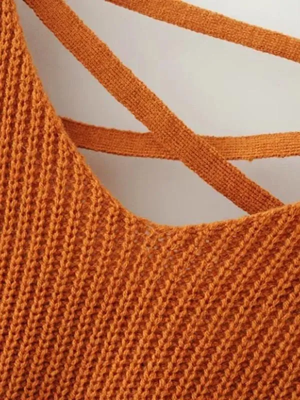 Fashion Solid Color V-neck Halterback Bandage Sweater Tops