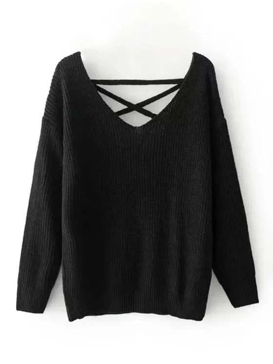 Fashion Solid Color V-neck Halterback Bandage Sweater Tops