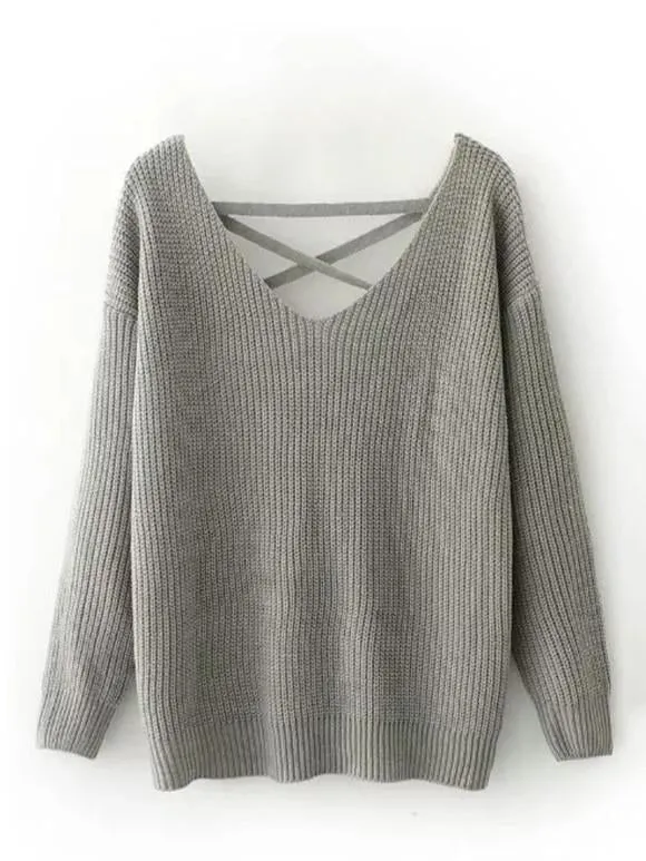 Fashion Solid Color V-neck Halterback Bandage Sweater Tops