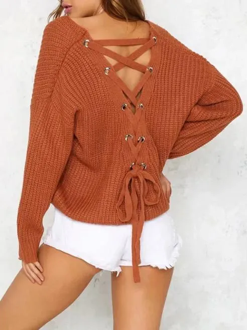 Fashion Solid Color V-neck Halterback Bandage Sweater Tops