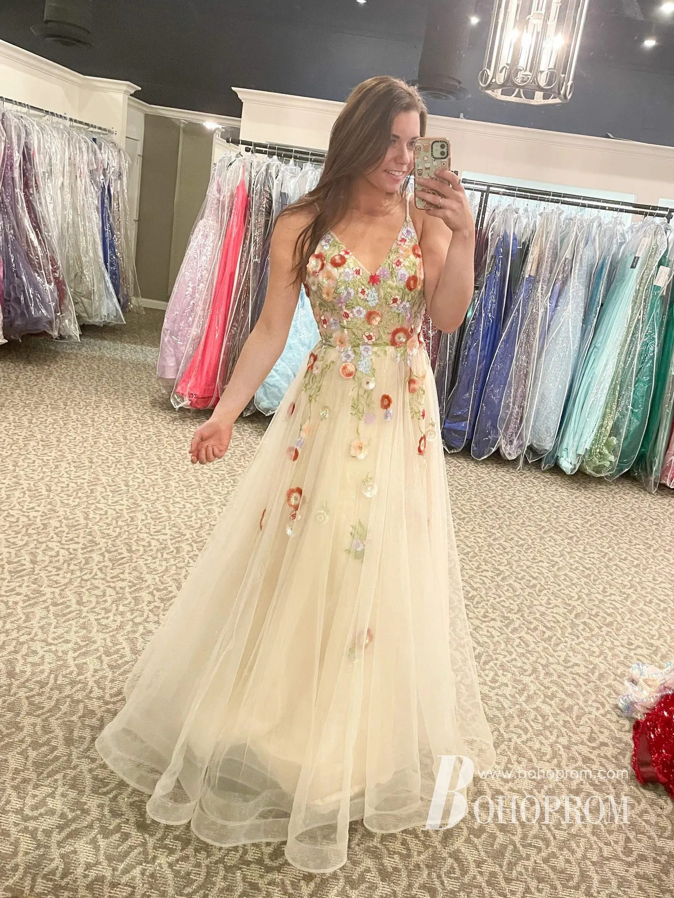 Fashion Tulle V-neckline Floor-length Prom Dresses With 3D Sequins Flowers & Beaded PD714