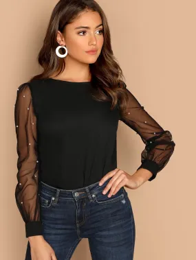 Faux Pearl Sheer Mesh Sleeve Top