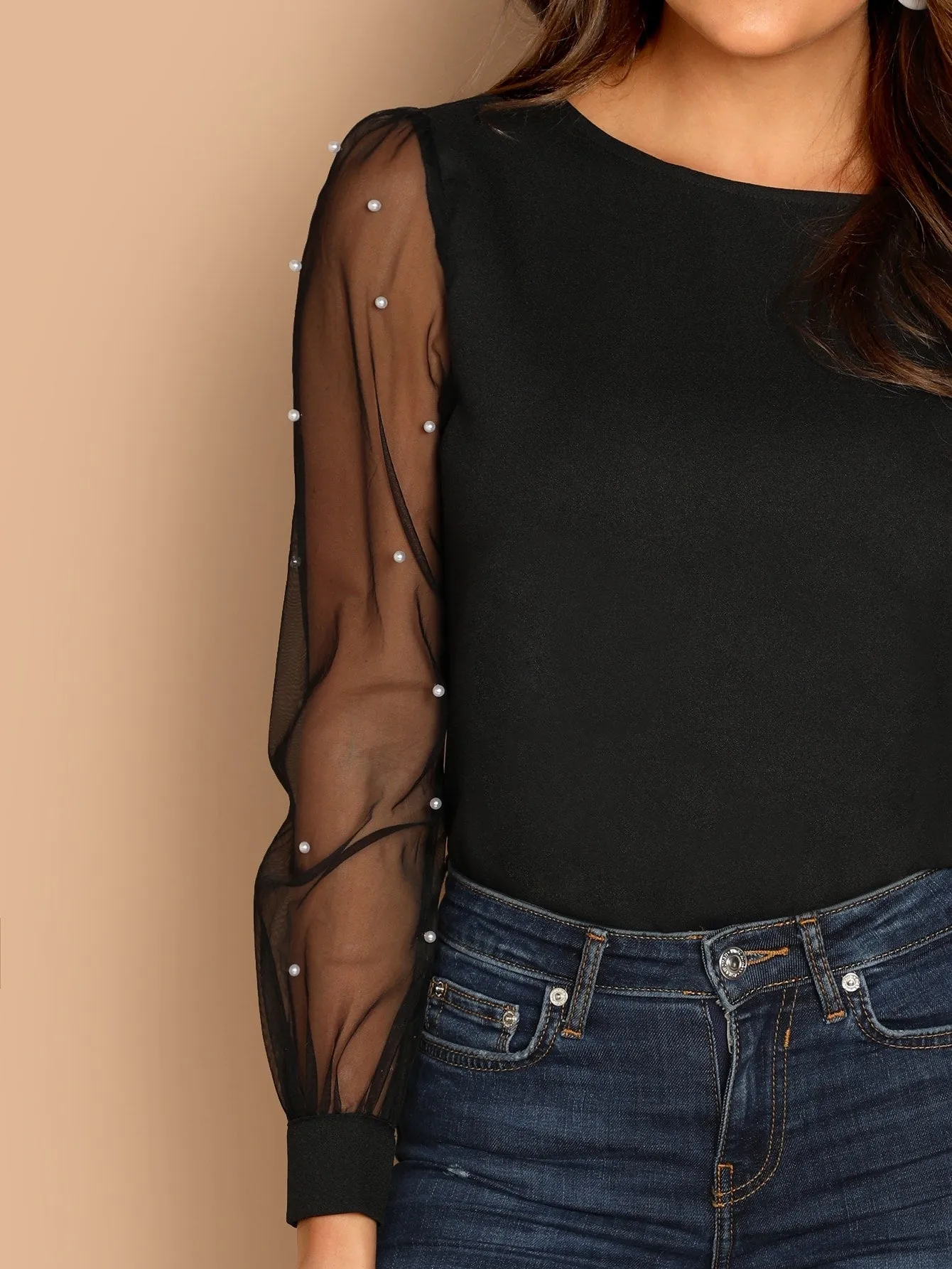 Faux Pearl Sheer Mesh Sleeve Top