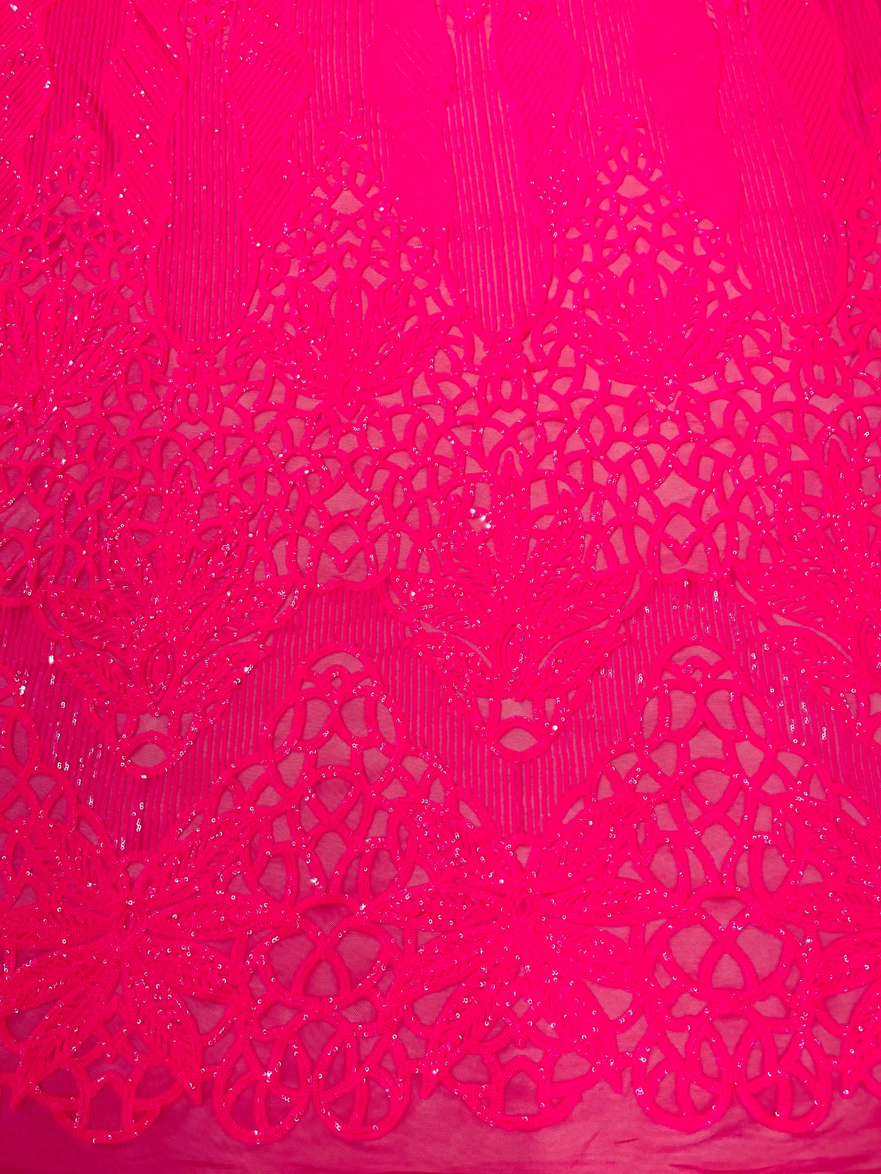 Feather Damask Shiny Sequin Design on a 4 Way Stretch mesh Fabric-Prom Night -Sold by The Yard.