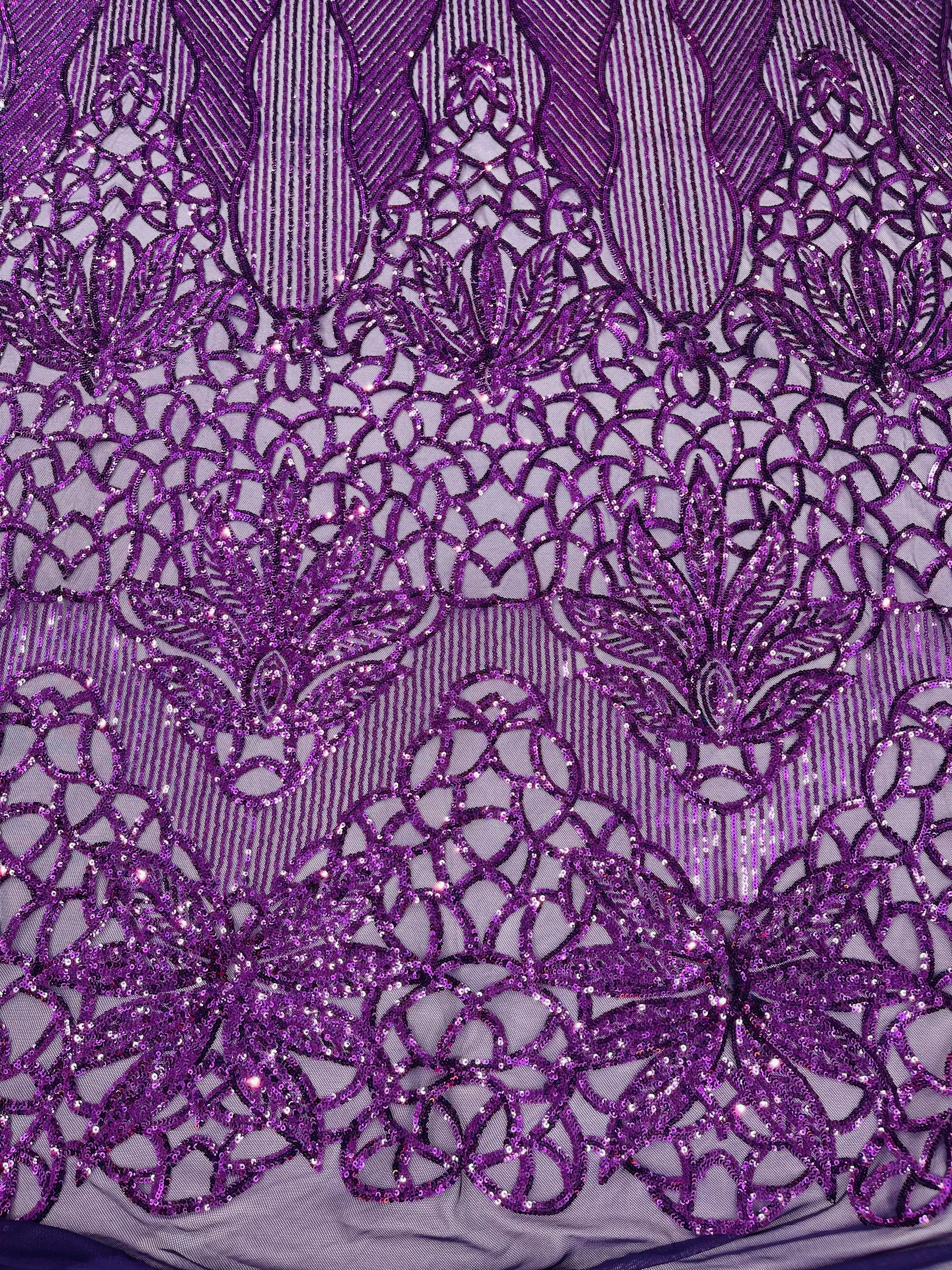 Feather Damask Shiny Sequin Design on a 4 Way Stretch mesh Fabric-Prom Night -Sold by The Yard.