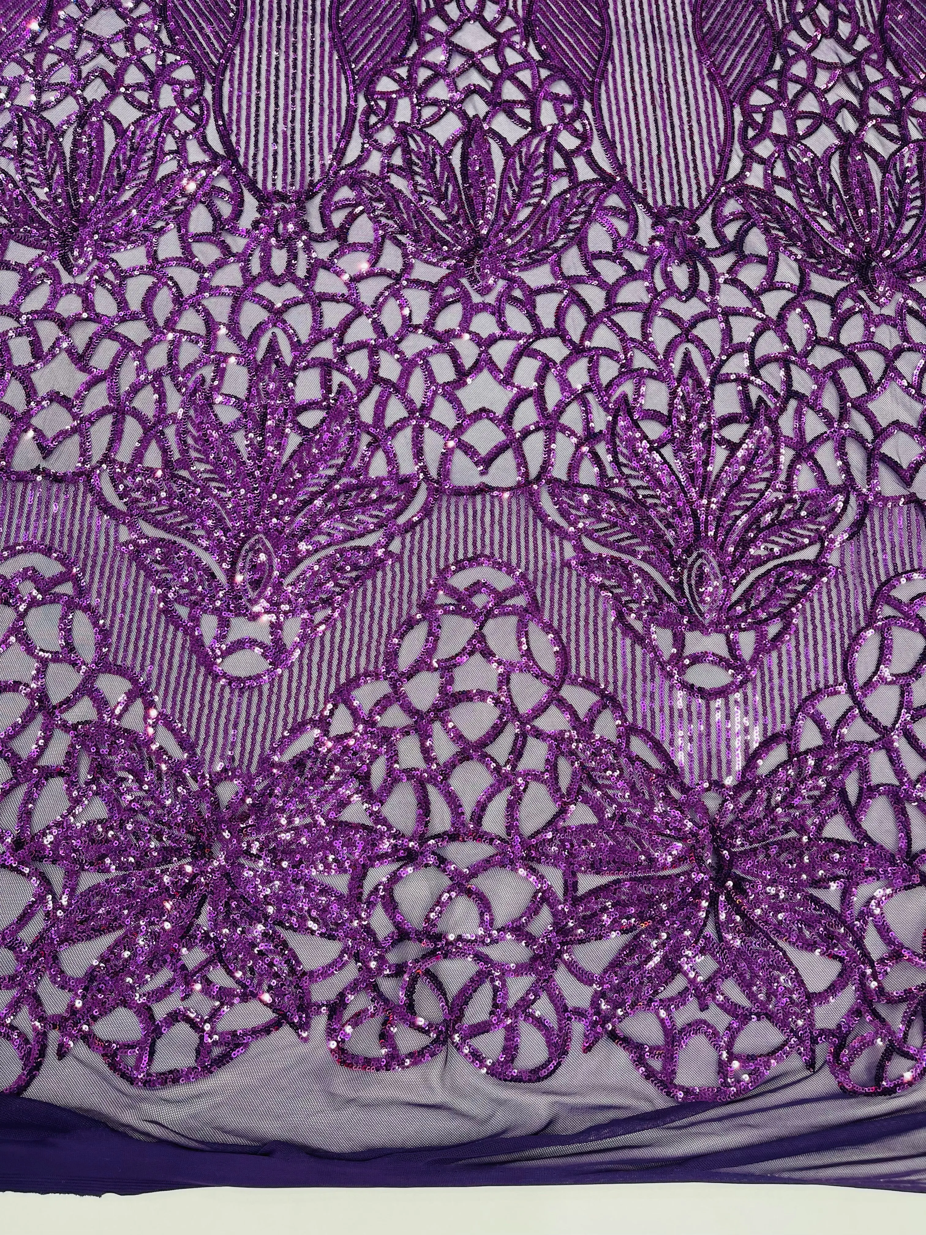 Feather Damask Shiny Sequin Design on a 4 Way Stretch mesh Fabric-Prom Night -Sold by The Yard.