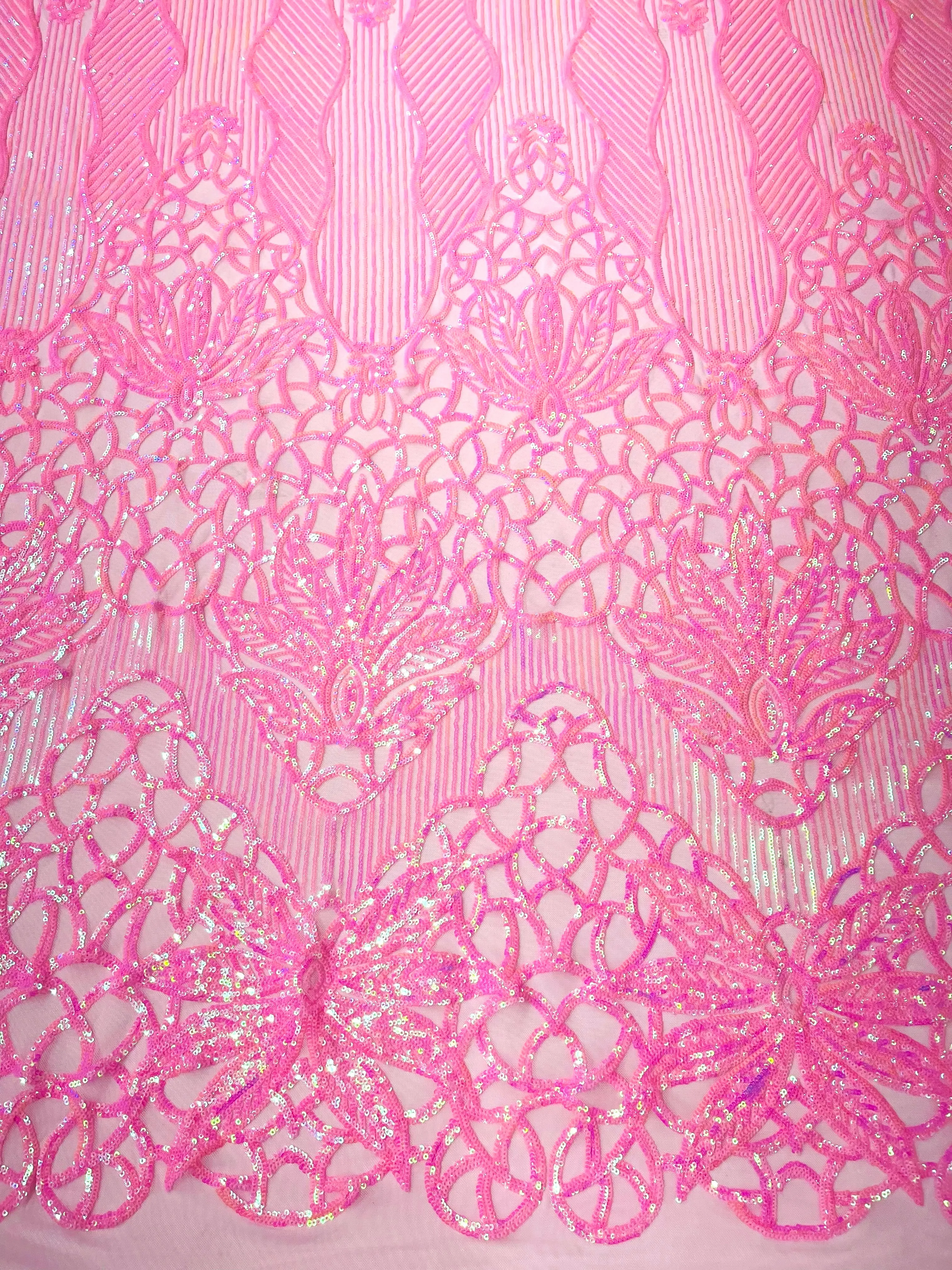 Feather Damask Shiny Sequin Design on a 4 Way Stretch mesh Fabric-Prom Night -Sold by The Yard.