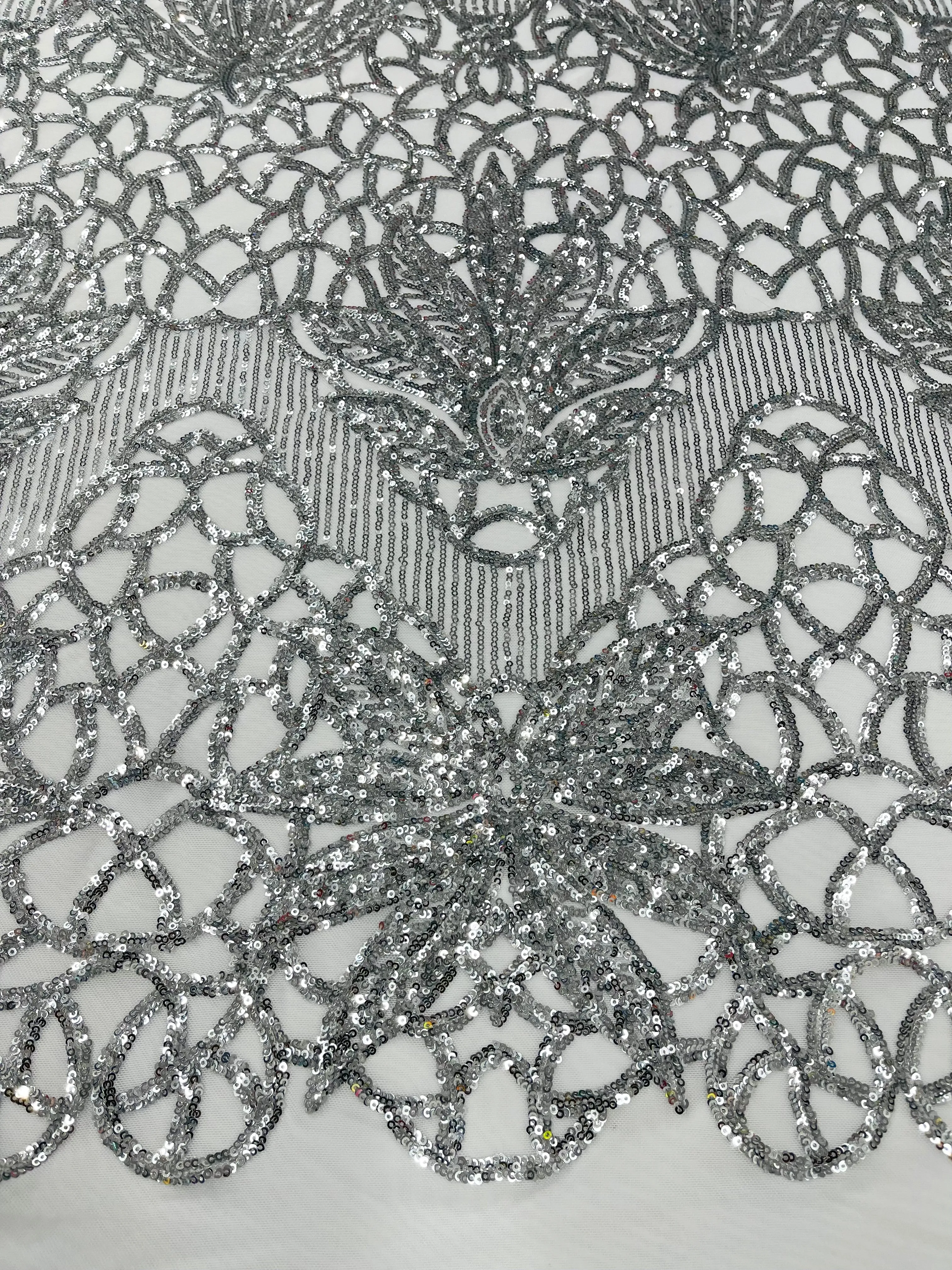 Feather Damask Shiny Sequin Design on a 4 Way Stretch mesh Fabric-Prom Night -Sold by The Yard.