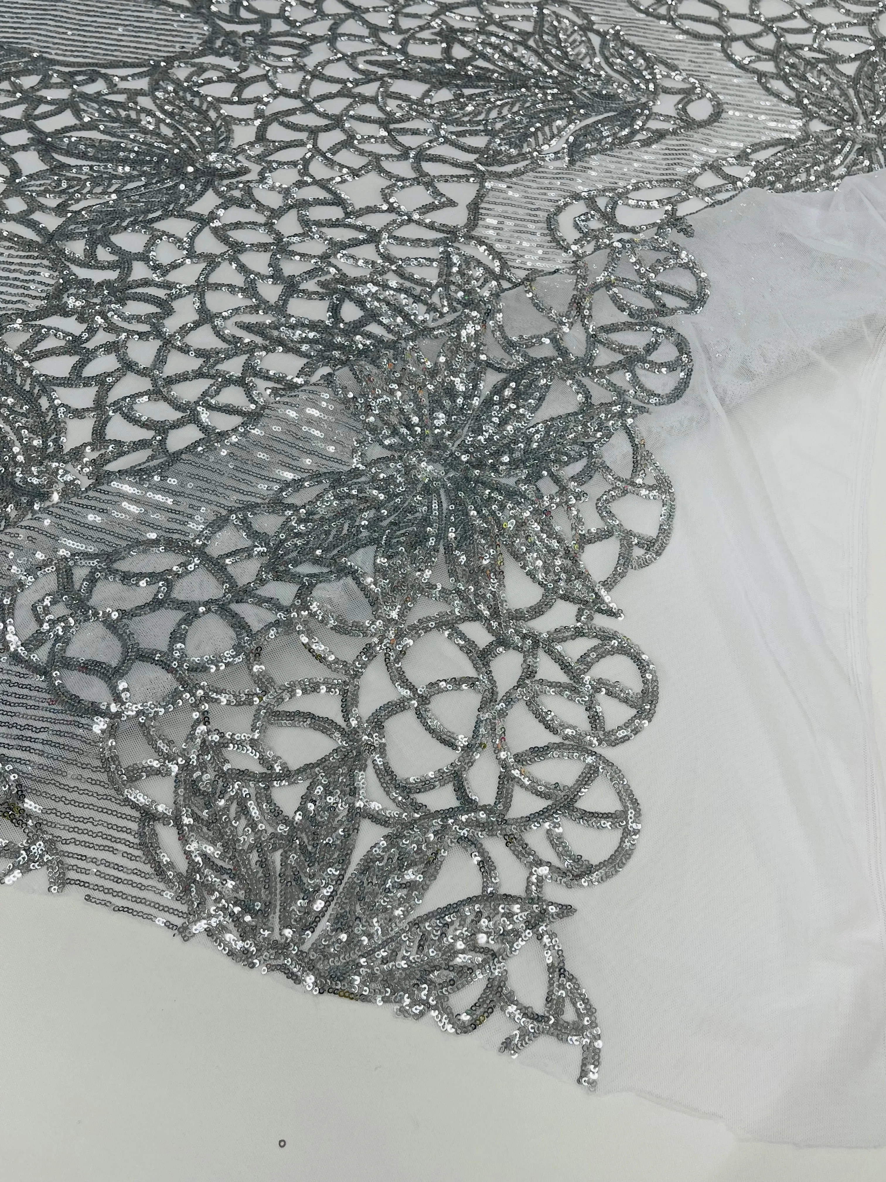 Feather Damask Shiny Sequin Design on a 4 Way Stretch mesh Fabric-Prom Night -Sold by The Yard.