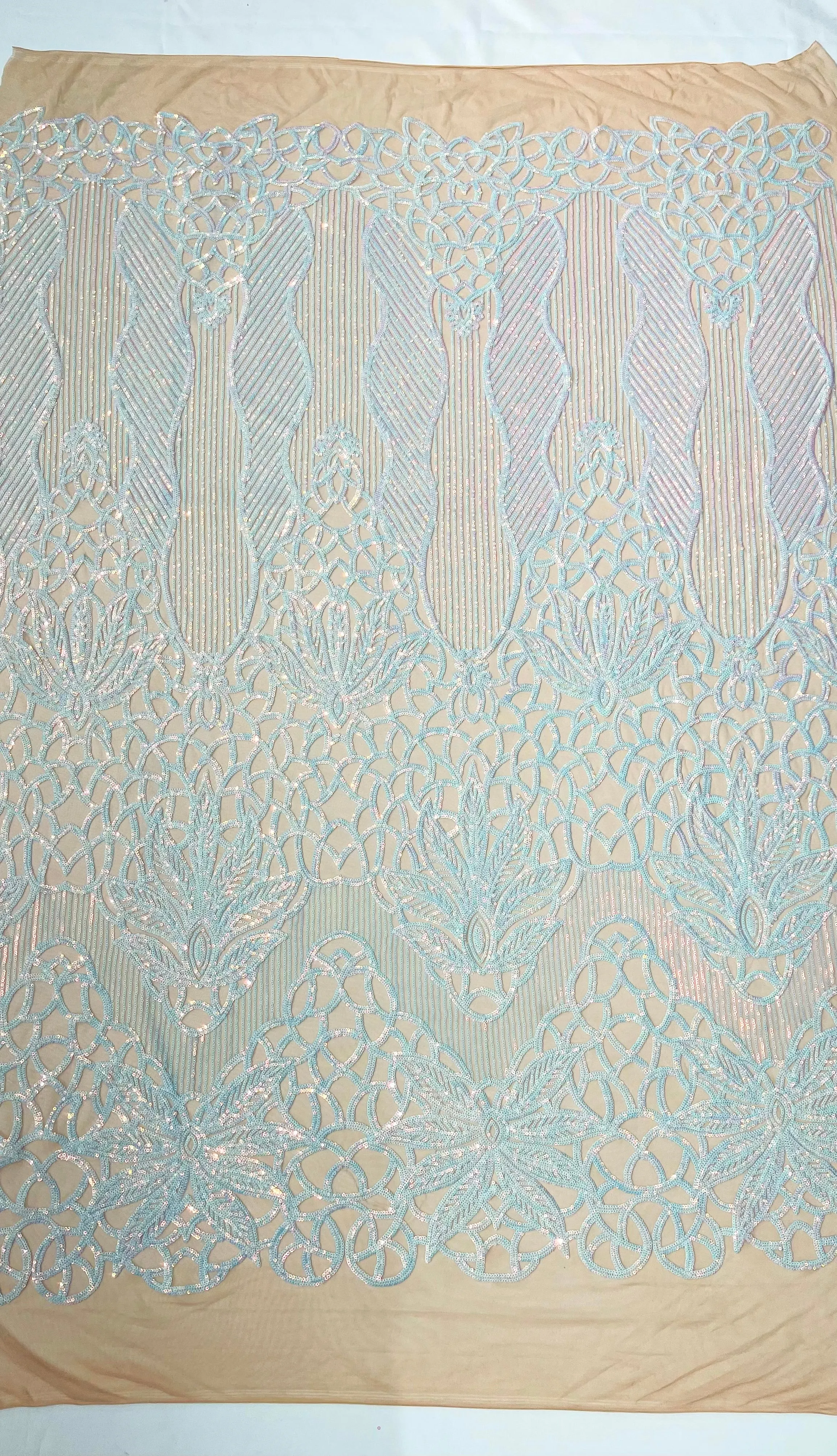 Feather Damask Shiny Sequin Design on a 4 Way Stretch mesh Fabric-Prom Night -Sold by The Yard.