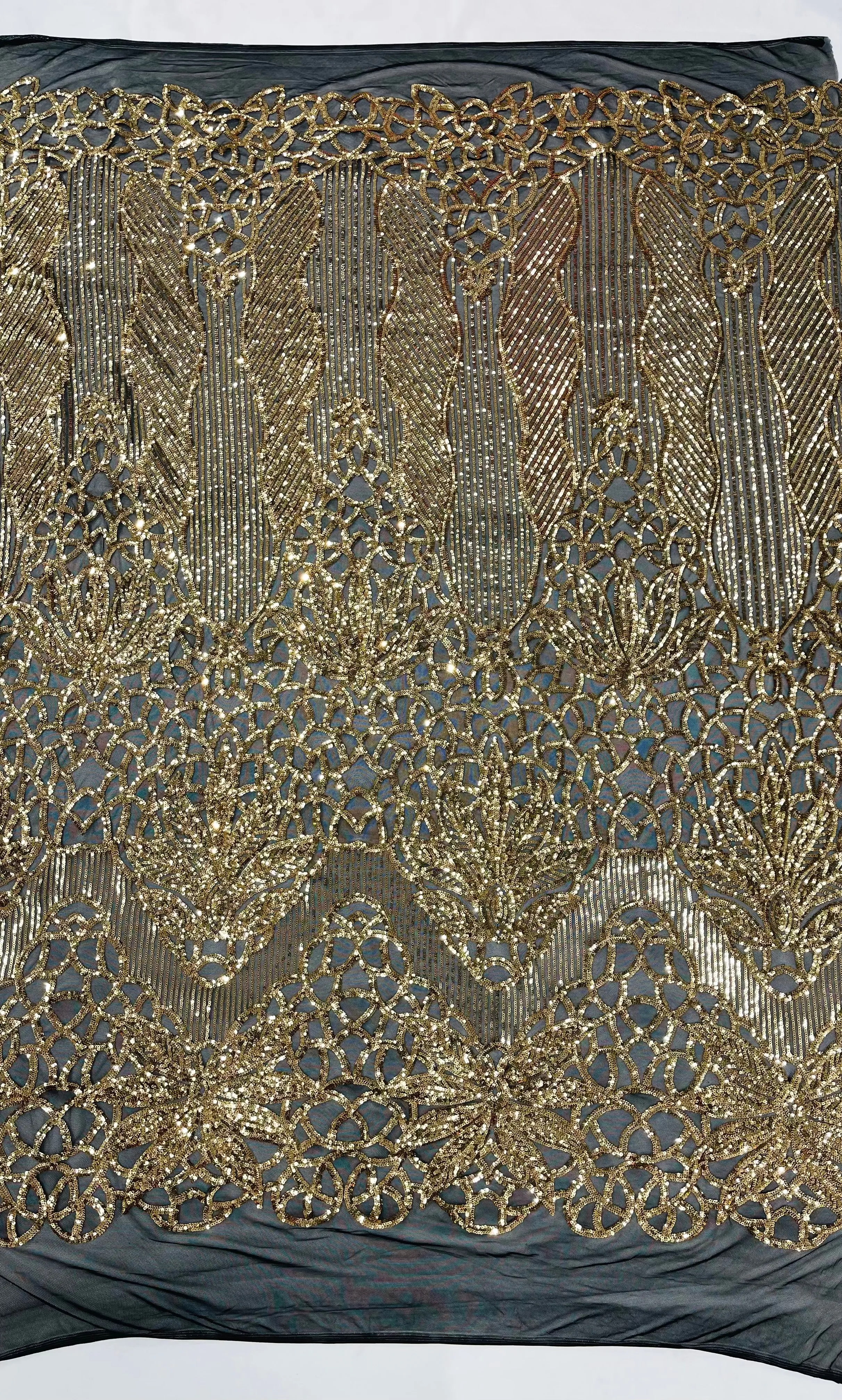 Feather Damask Shiny Sequin Design on a 4 Way Stretch mesh Fabric-Prom Night -Sold by The Yard.