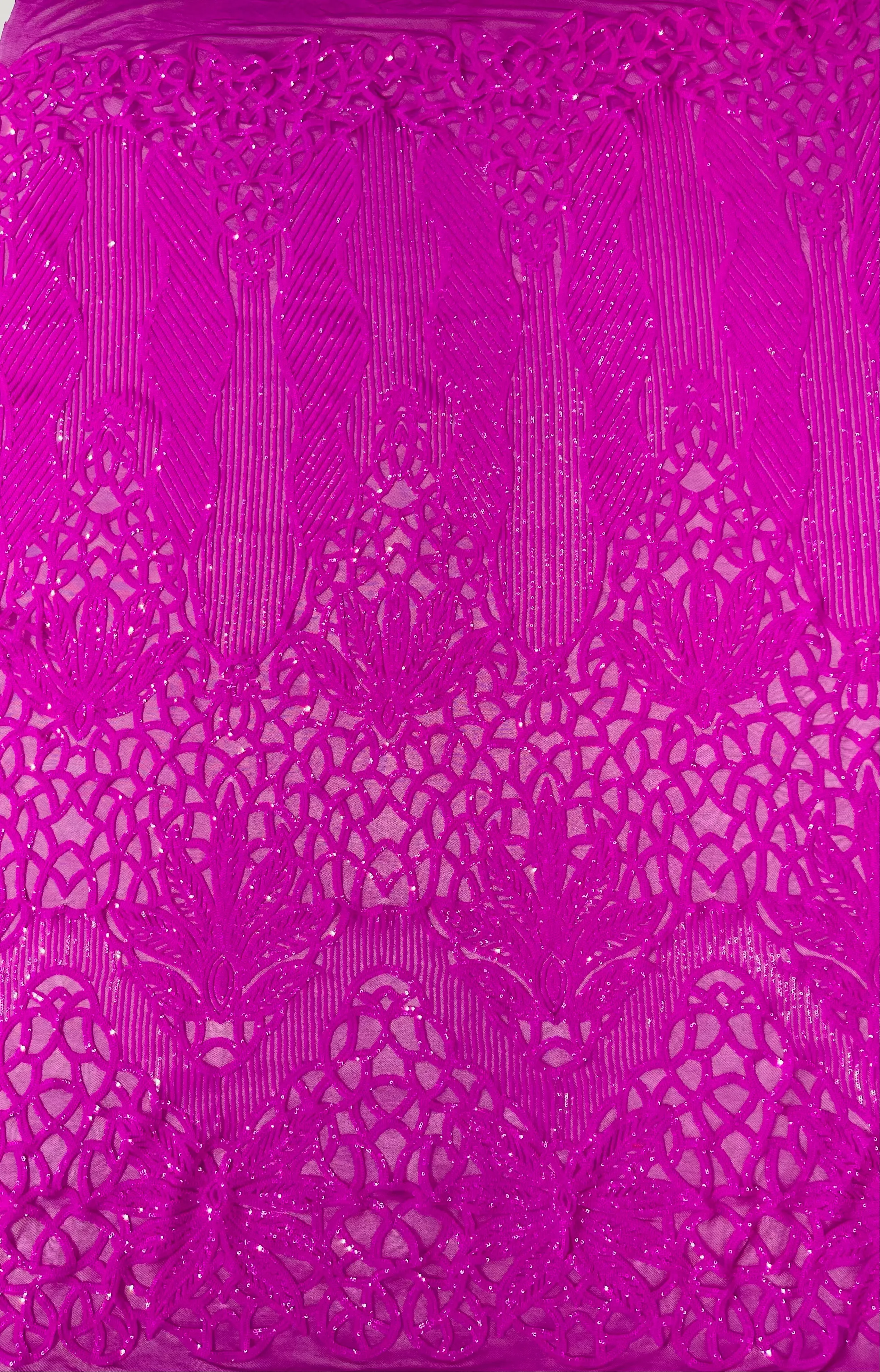 Feather Damask Shiny Sequin Design on a 4 Way Stretch mesh Fabric-Prom Night -Sold by The Yard.