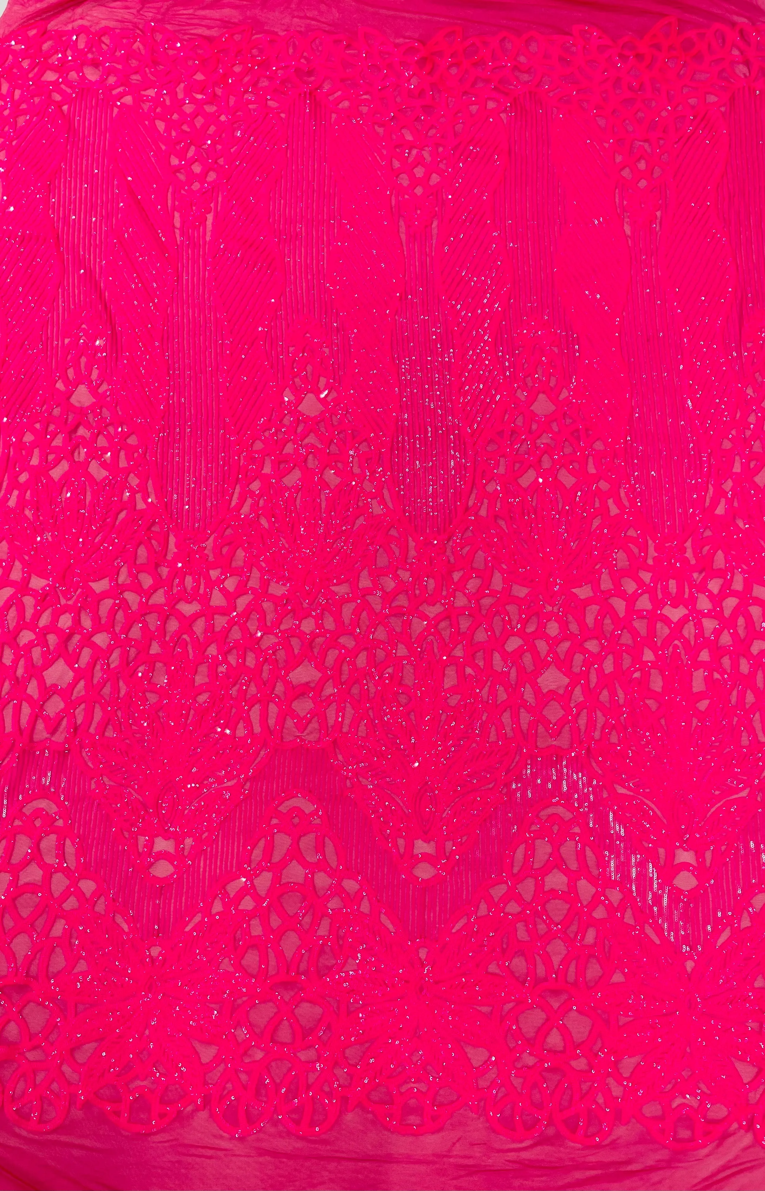 Feather Damask Shiny Sequin Design on a 4 Way Stretch mesh Fabric-Prom Night -Sold by The Yard.