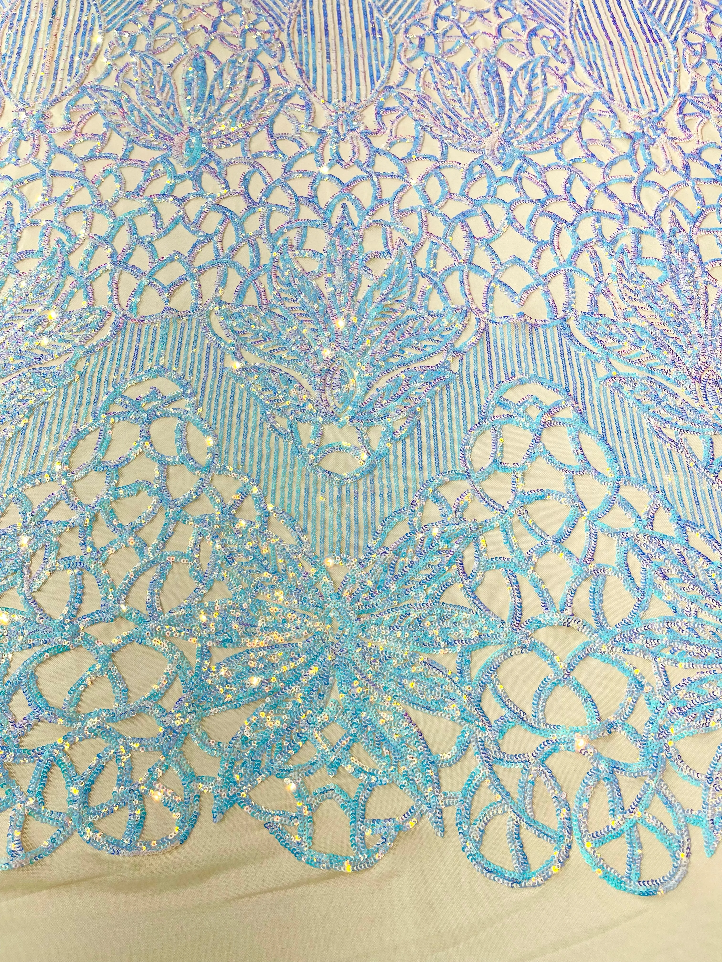 Feather Damask Shiny Sequin Design on a 4 Way Stretch mesh Fabric-Prom Night -Sold by The Yard.