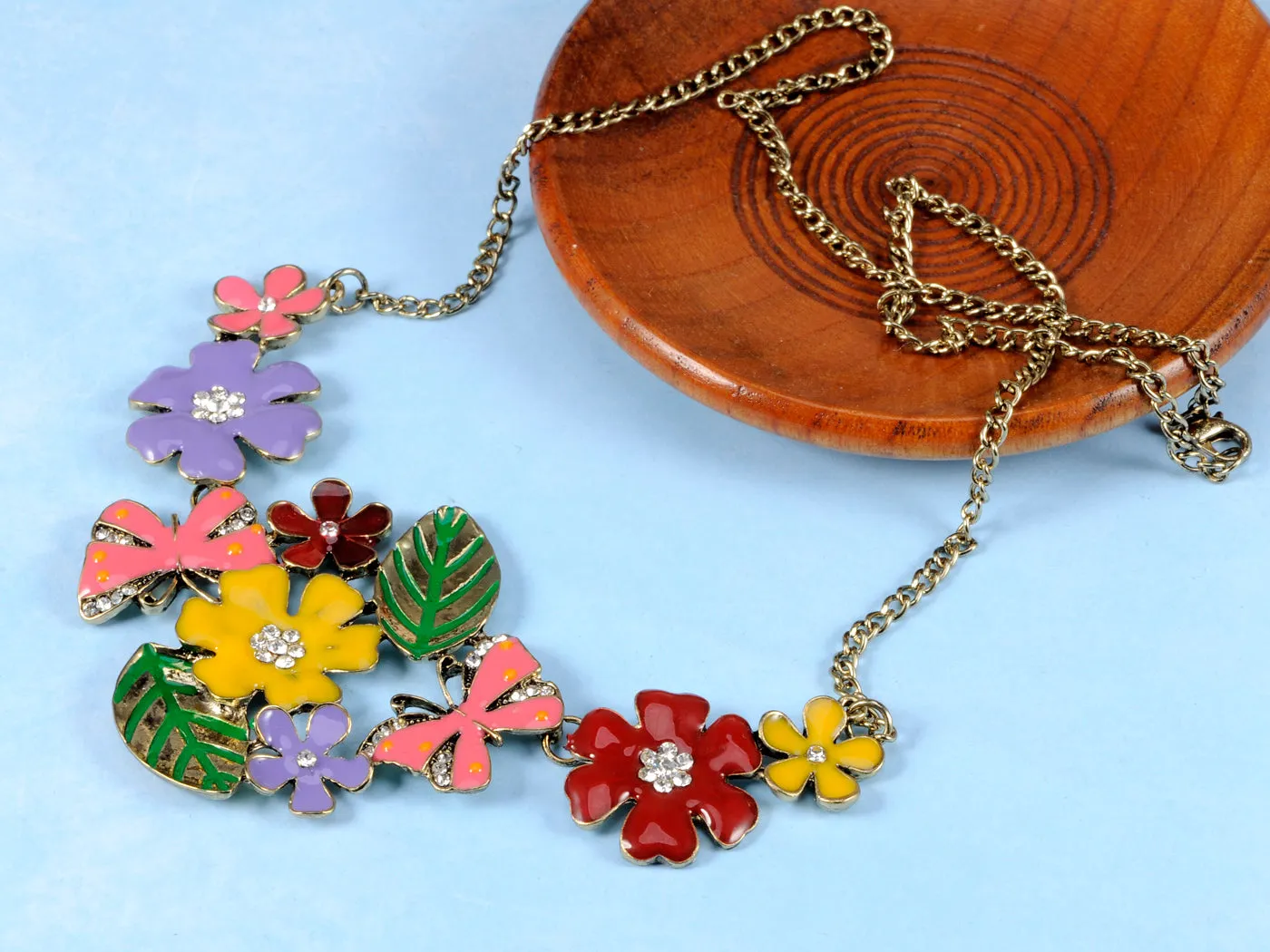 Floral Multicolor Enamel Flower Bib Statement Necklace