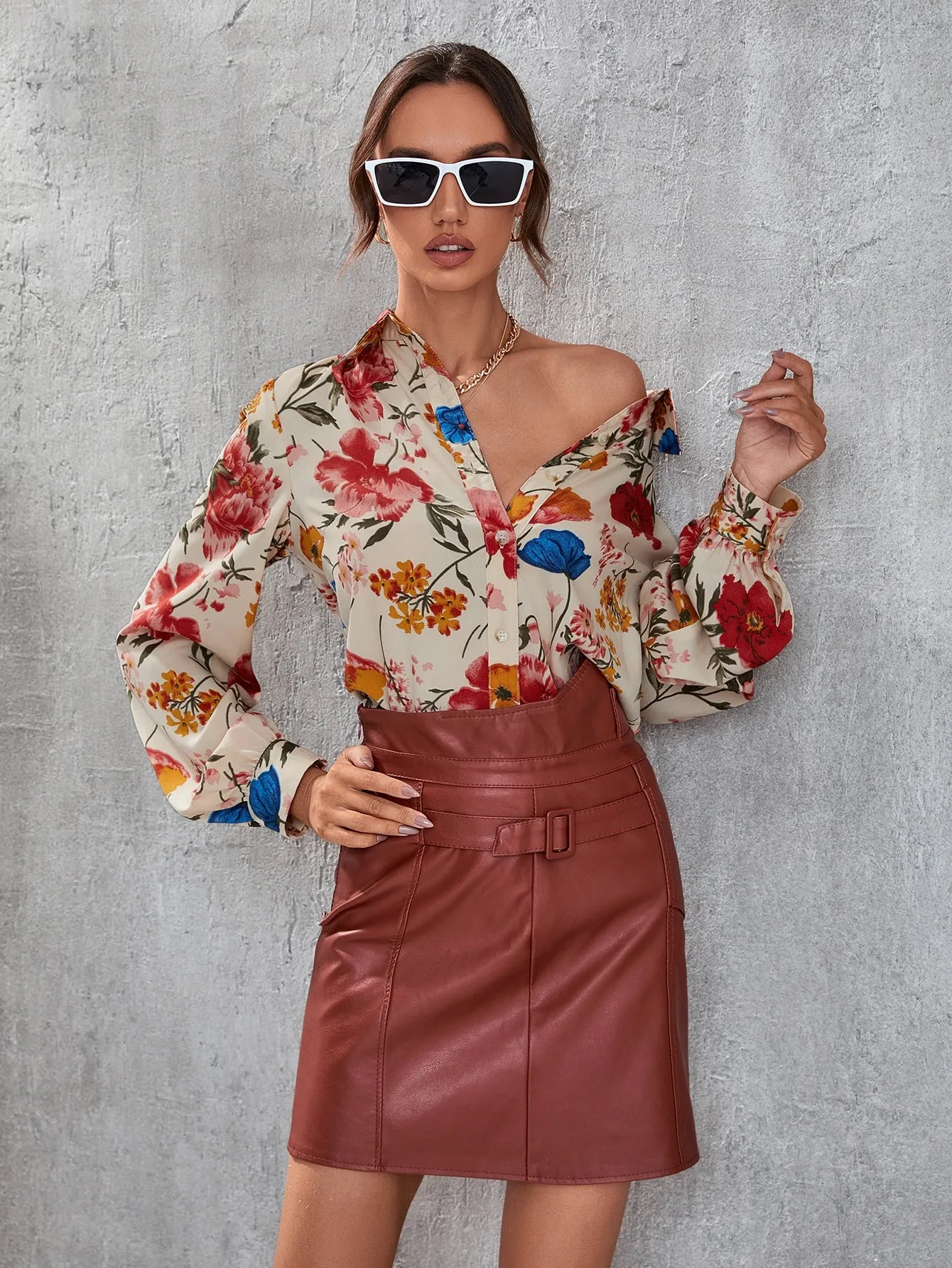 Floral Print Button Front Blouse