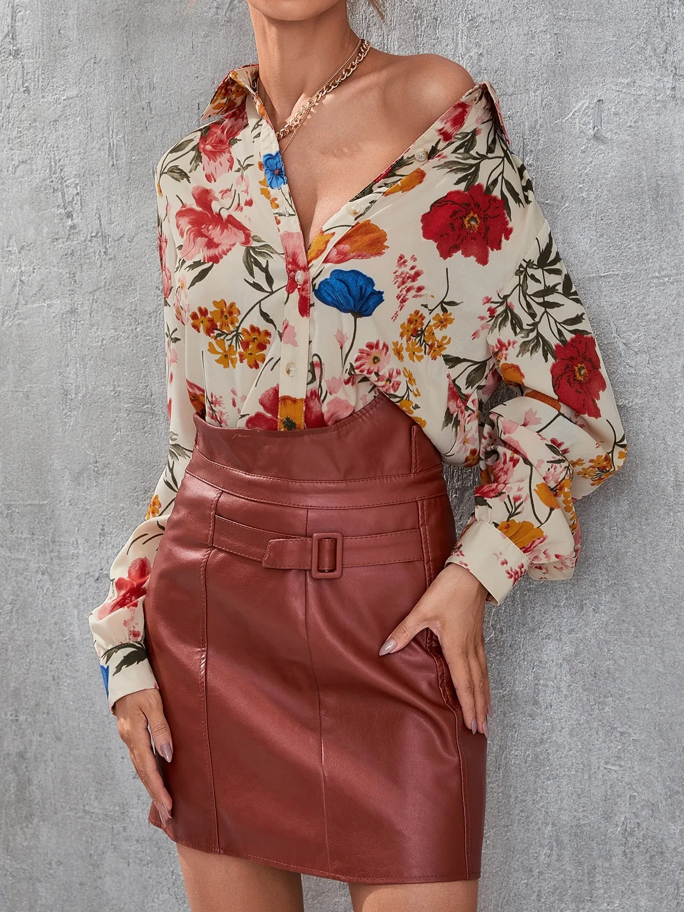 Floral Print Button Front Blouse