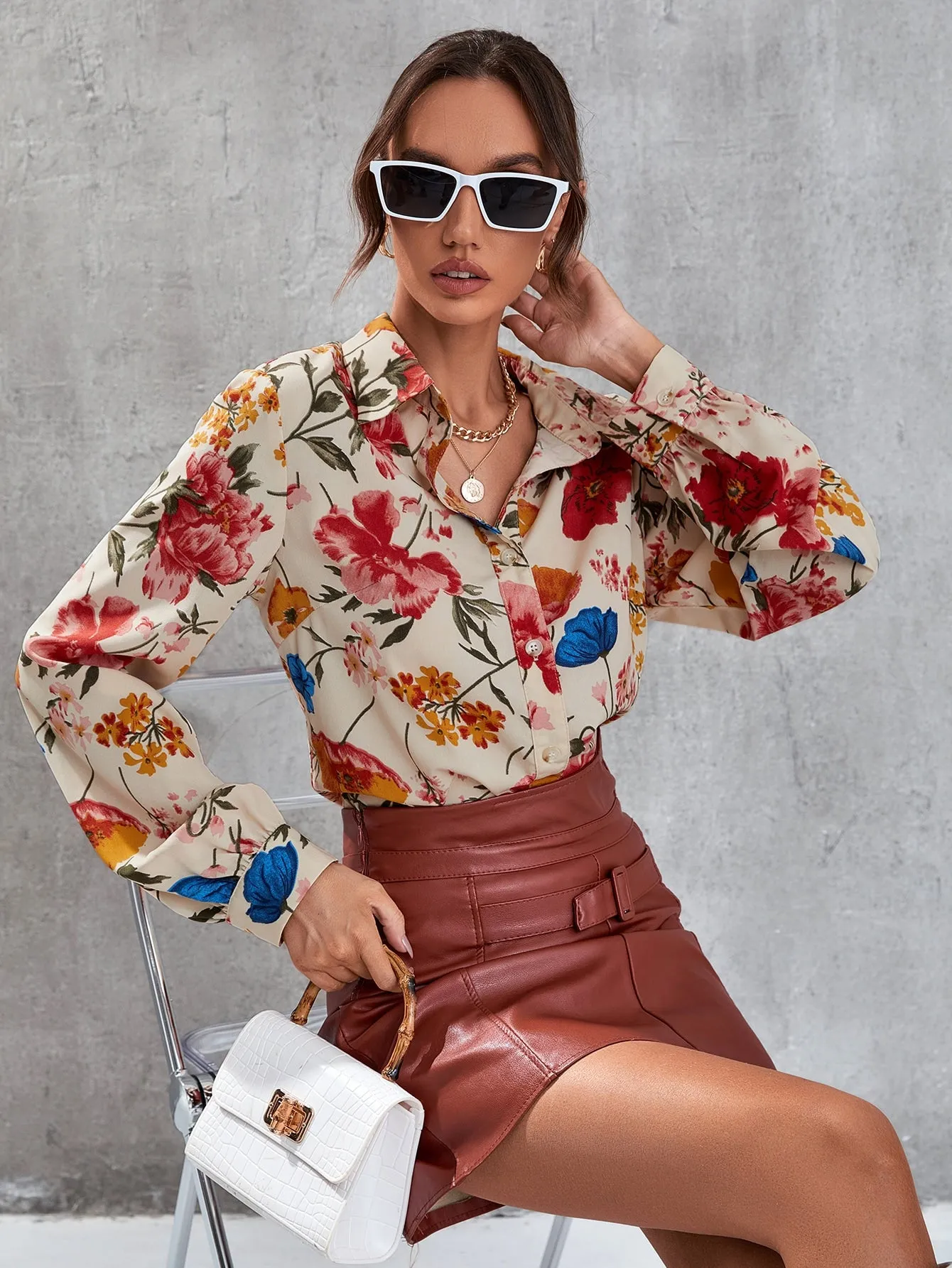 Floral Print Button Front Blouse