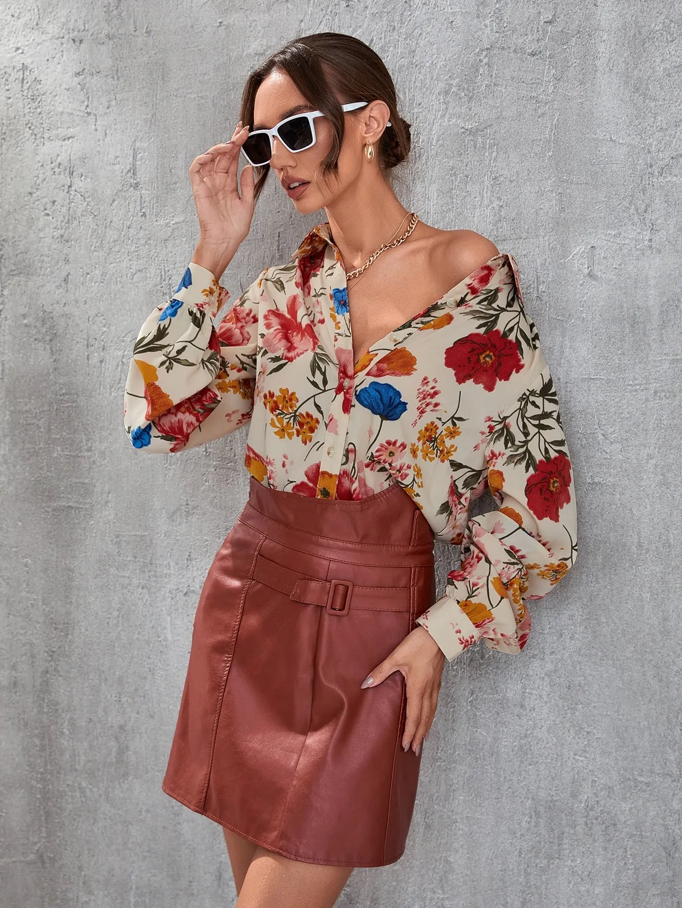 Floral Print Button Front Blouse