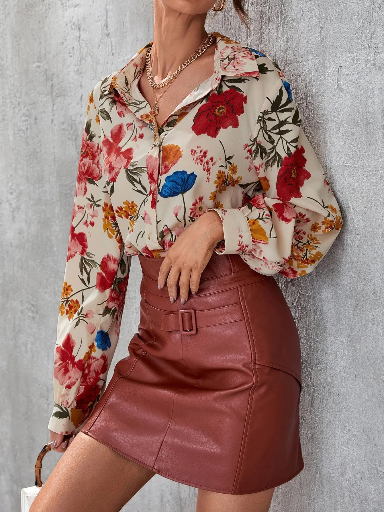 Floral Print Button Front Blouse