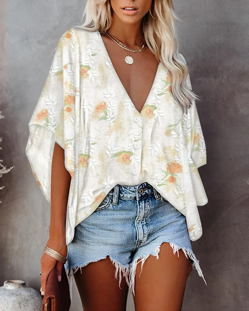 Floral Print V Neck Batwing Sleeve Blouse Button Front Oversized Shirt