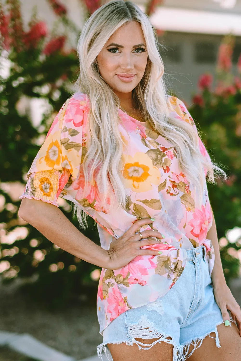 Floral Round Neck Three-Quarter Sleeve Top