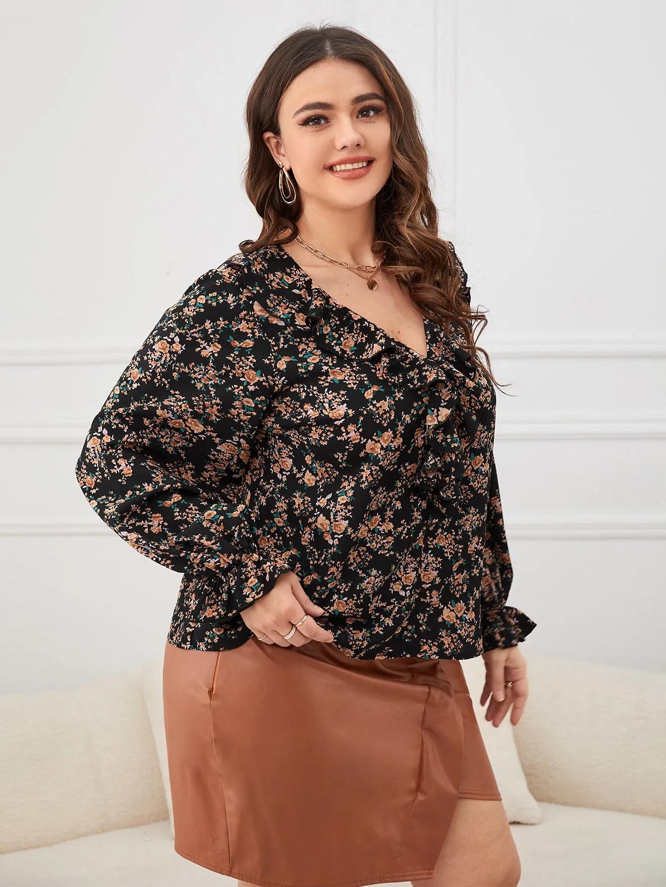 Floral Ruffle Long Sleeve V Neck Regular Plus Size Blouse