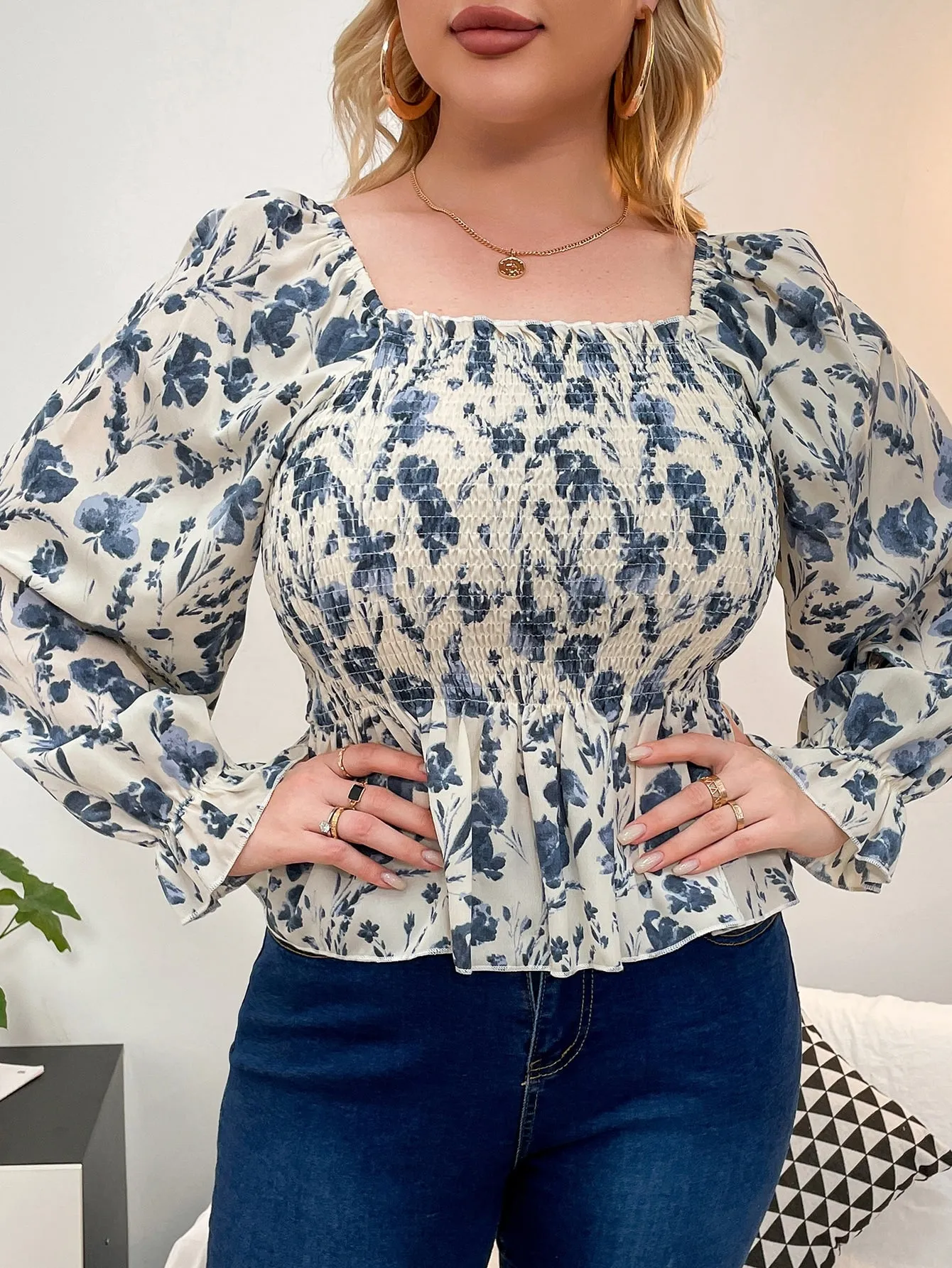 Floral Shirred Long Sleeve Square Neck Flared Regular Plus Size Blouse