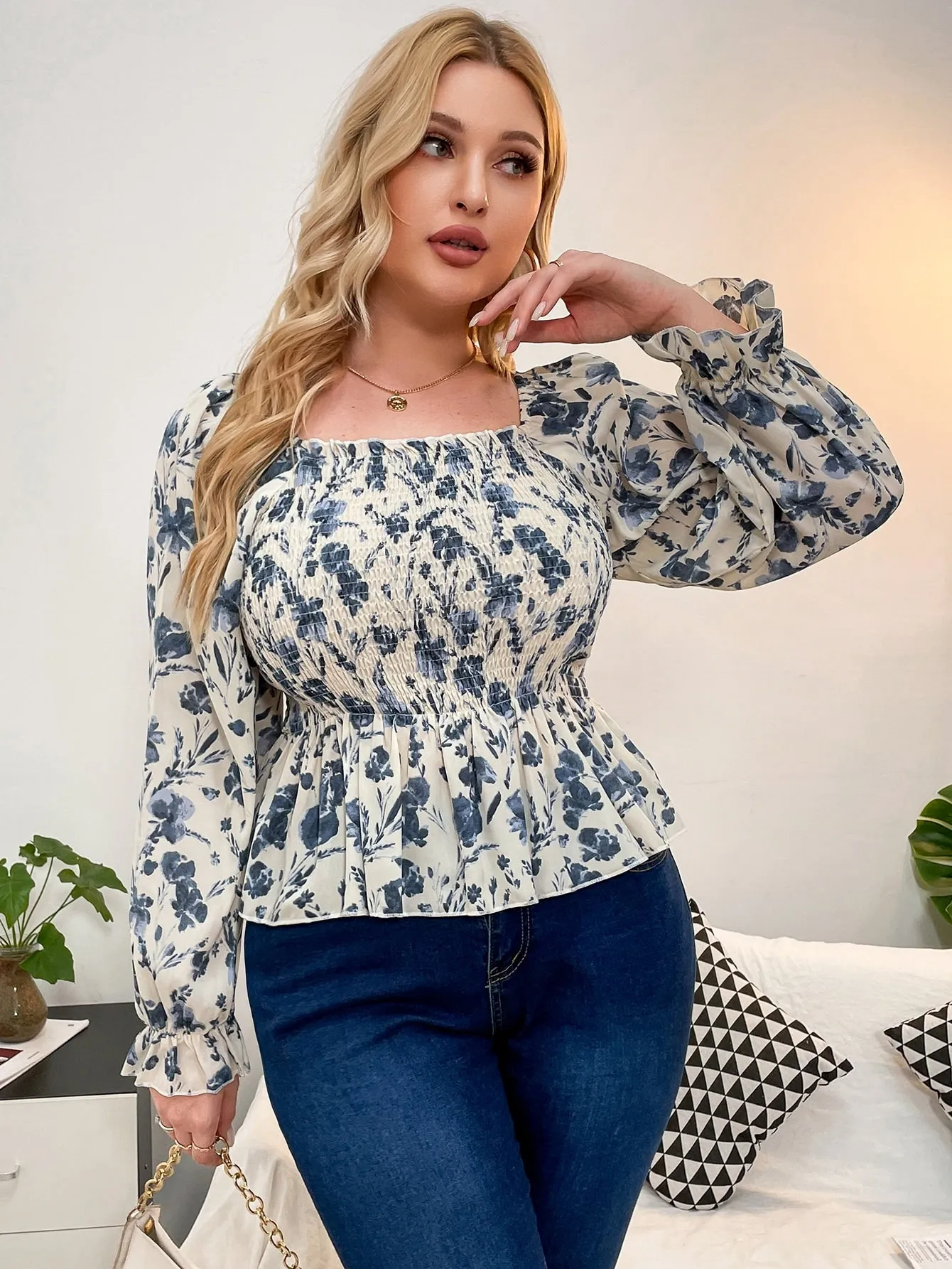 Floral Shirred Long Sleeve Square Neck Flared Regular Plus Size Blouse