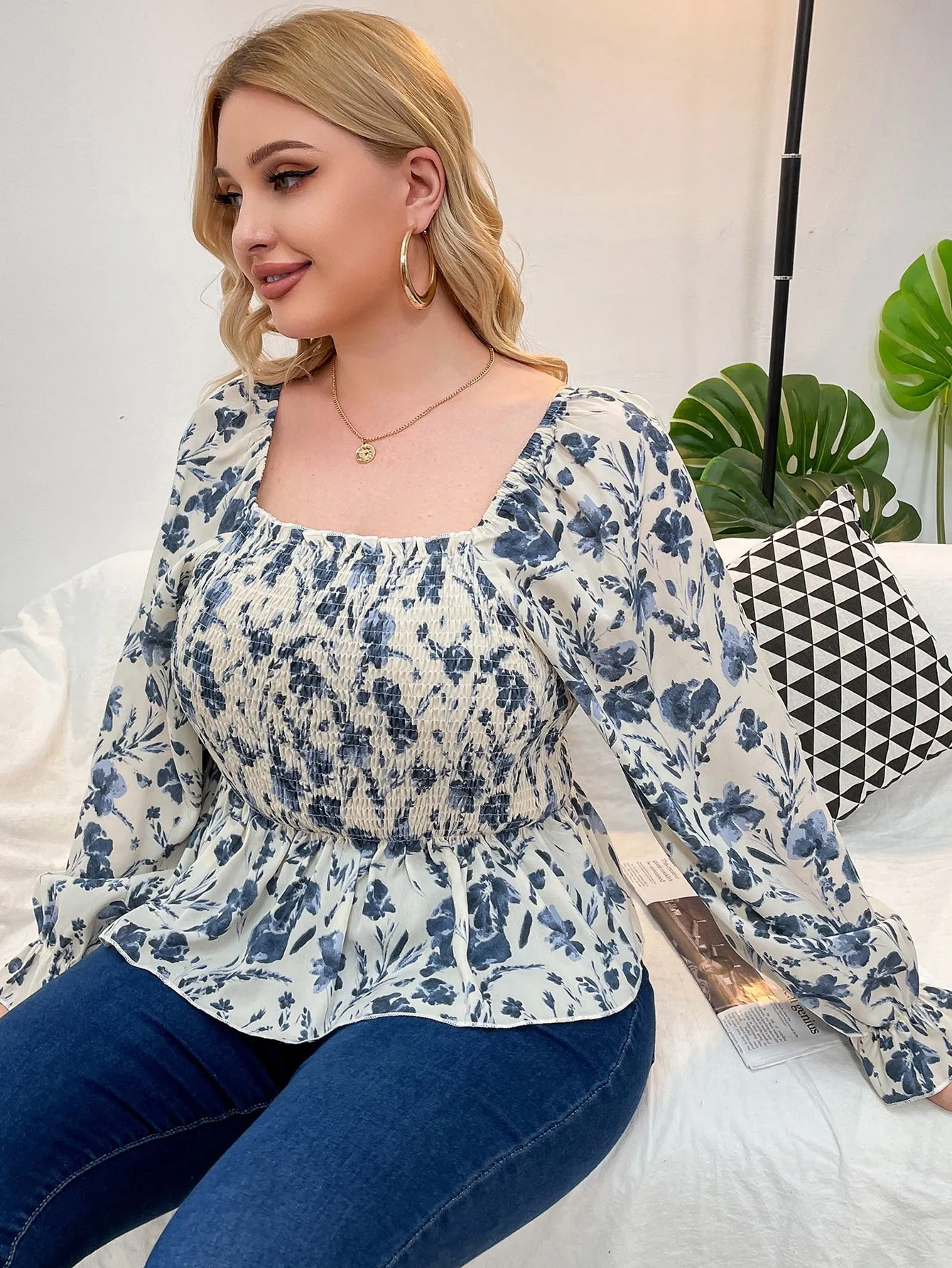 Floral Shirred Long Sleeve Square Neck Flared Regular Plus Size Blouse