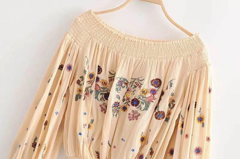 Flower Print Long Sleeve Off Shoulder Tops T Shirt