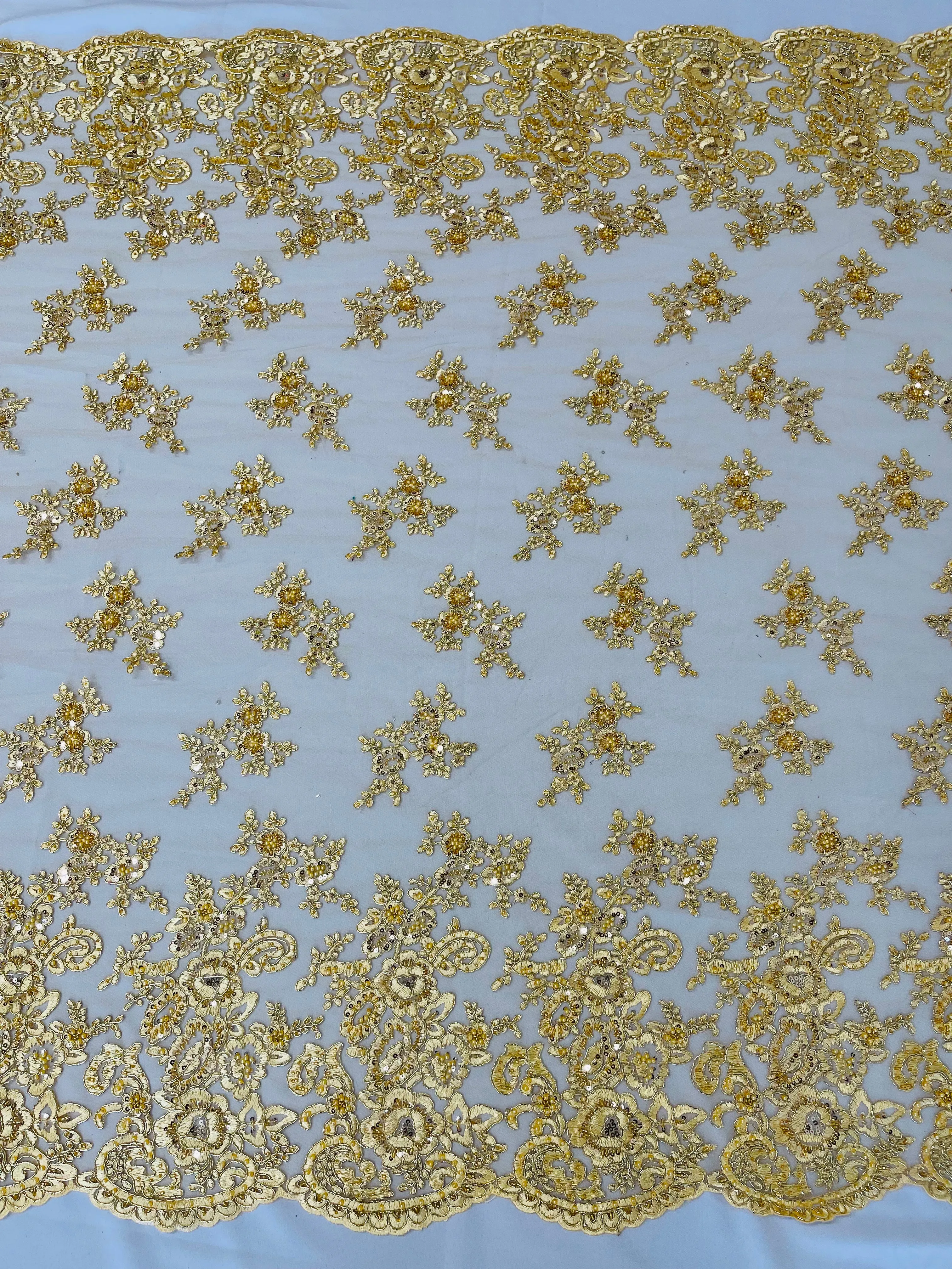 Gold Metallic fashion floral design embroider with sequins and hand beaded on a mesh lace-dresses-fashion-decorations-prom-sold by yard.