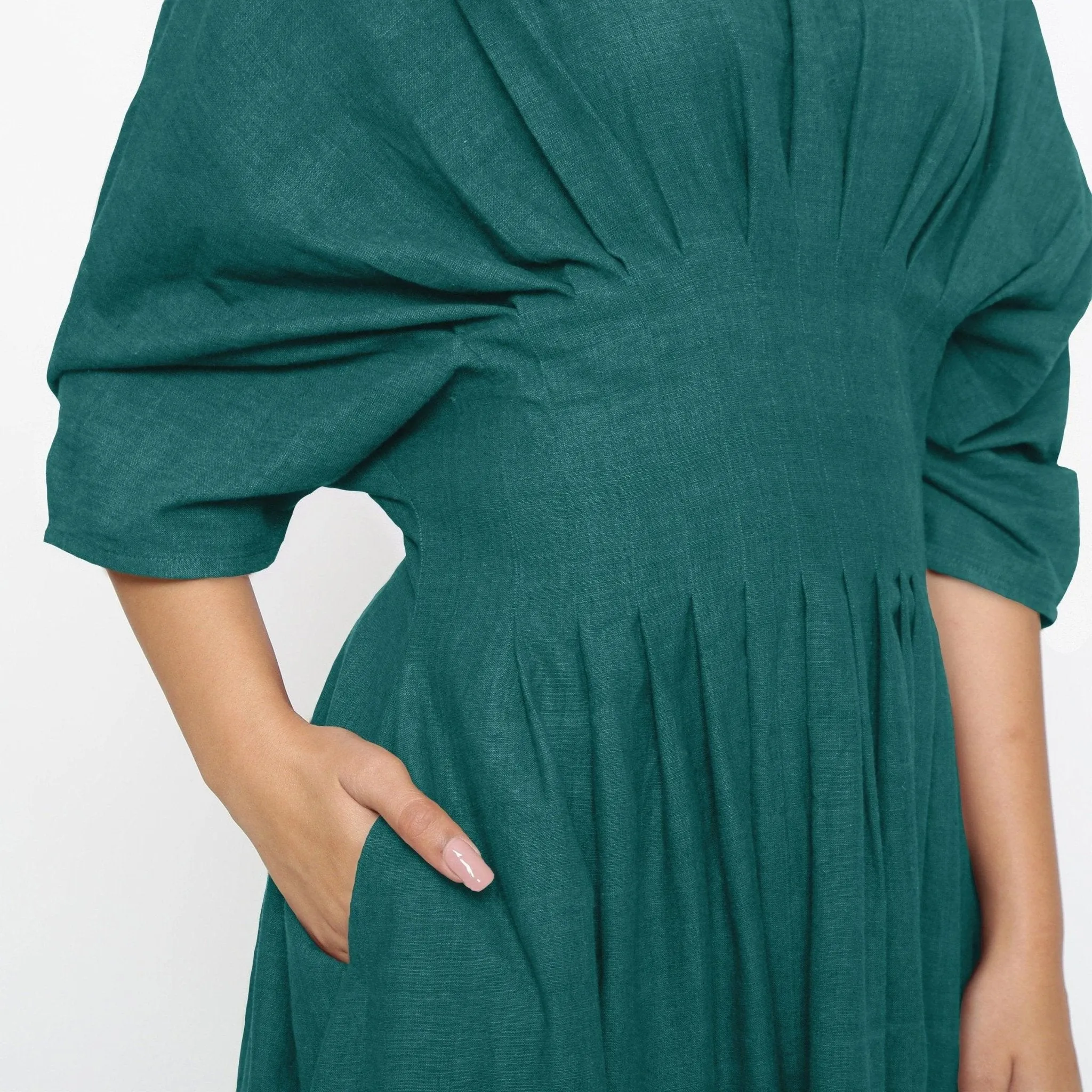 Green Yarn Dyed Cotton Ankle Length Pleated Flared Dress