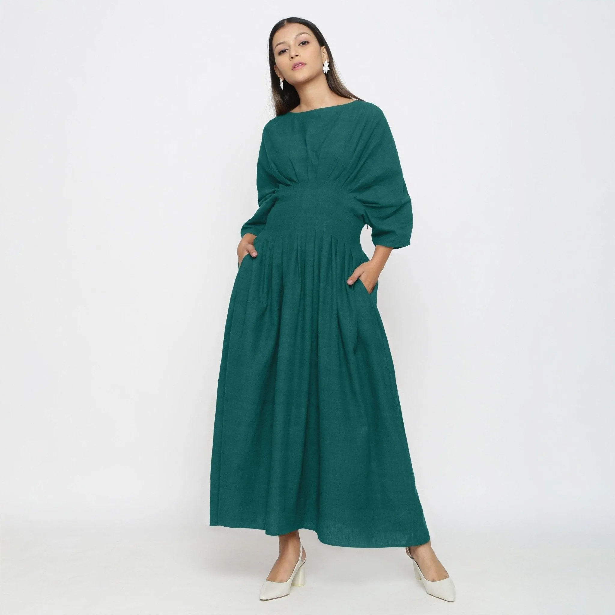 Green Yarn Dyed Cotton Ankle Length Pleated Flared Dress