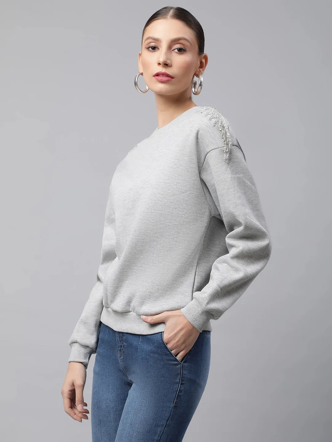 Grey Diamond Studded Shoulder Detail Relaxed Fit Fleece Sweatshirt