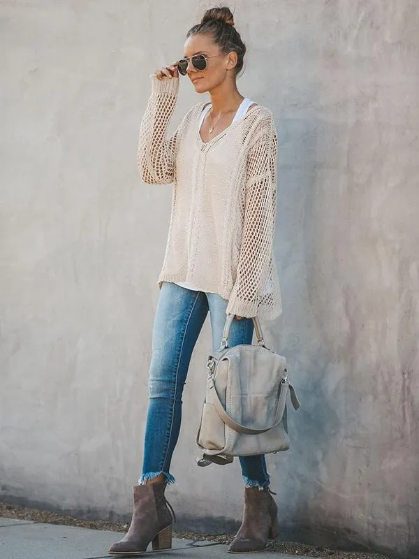 Hollow Solid Color V-neck Knitting Sweater Tops