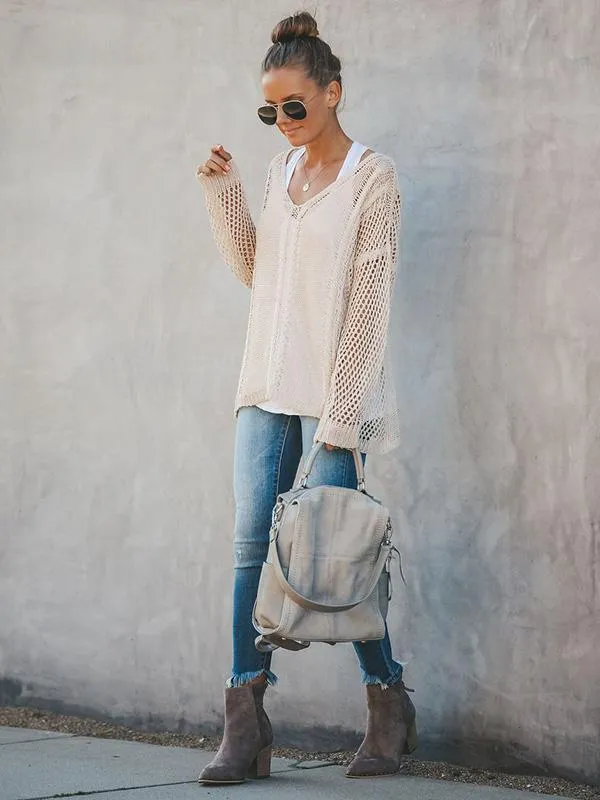 Hollow Solid Color V-neck Knitting Sweater Tops