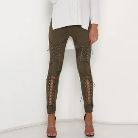 LACE-UP SUEDE SKINNY PANTS