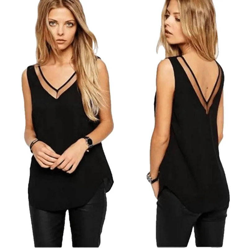 Ladies' Leisure Stylish Mesh Patchwork V Neck Chiffon Blouse