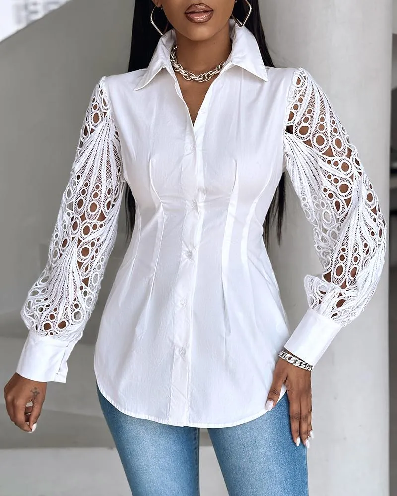 Lantern Sleeve Eyelet Embroidery Top